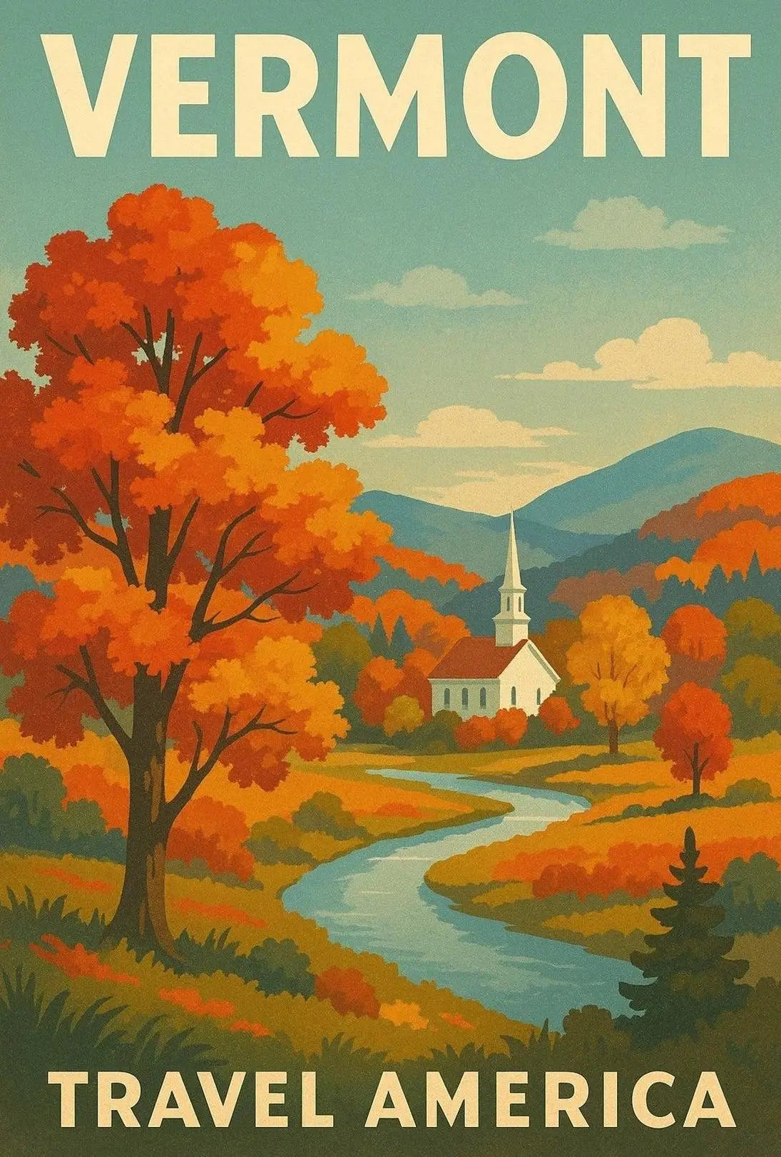 Vermont Autumn Church Scenic Vintage Travel Advertisement Poster PosterGoat