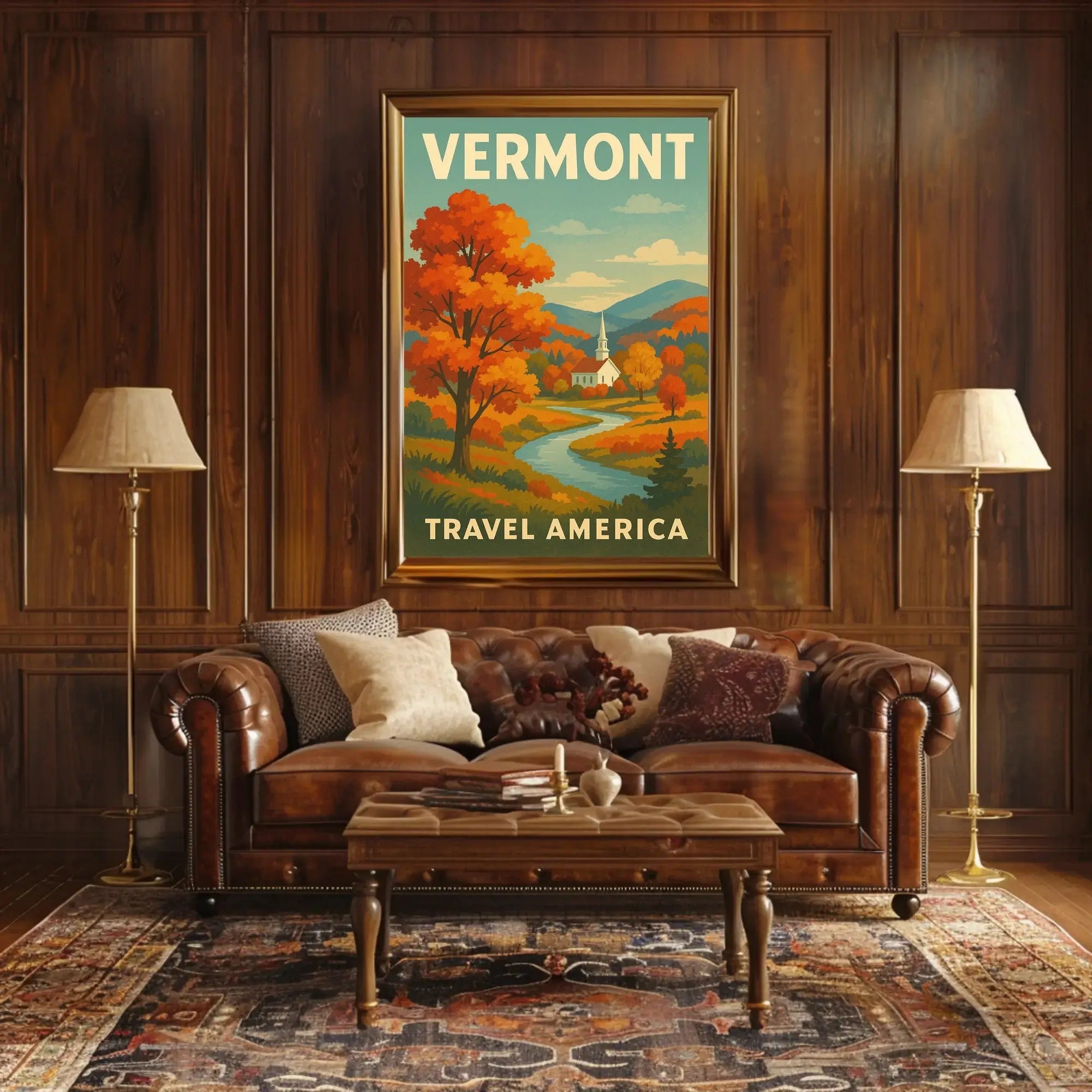 Vermont Autumn Church Scenic Vintage Travel Advertisement Poster PosterGoat