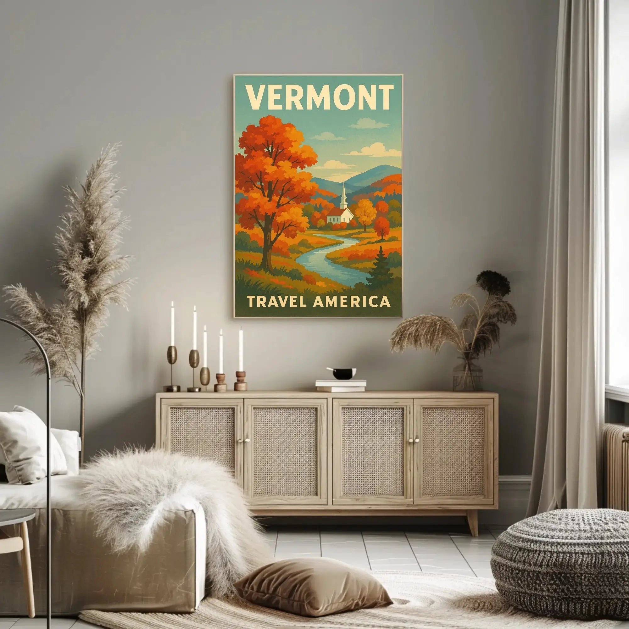 Vermont Autumn Church Scenic Vintage Travel Advertisement Poster PosterGoat