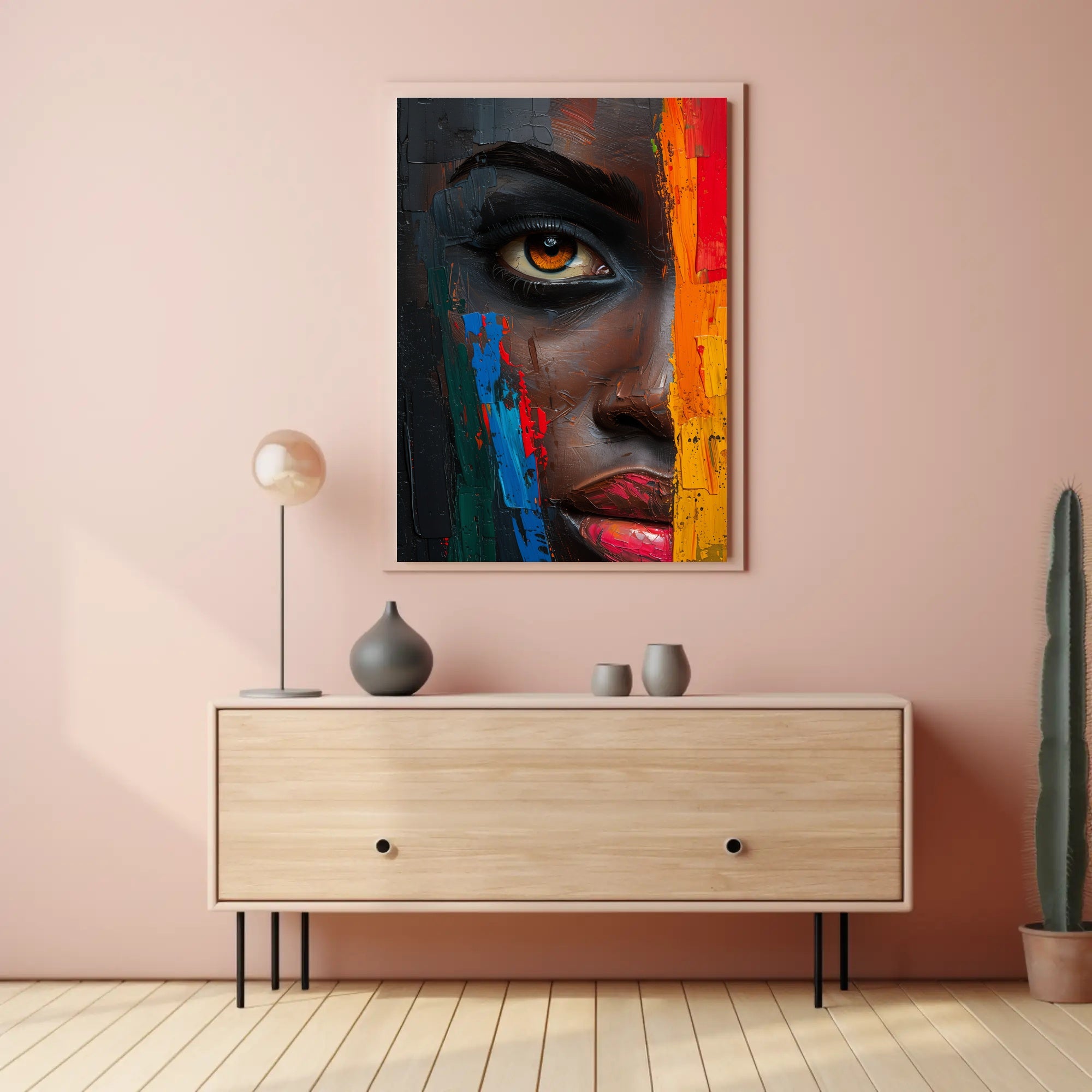 Vibrant Abstract Face with Emotive Single Eye Poster PosterGoat