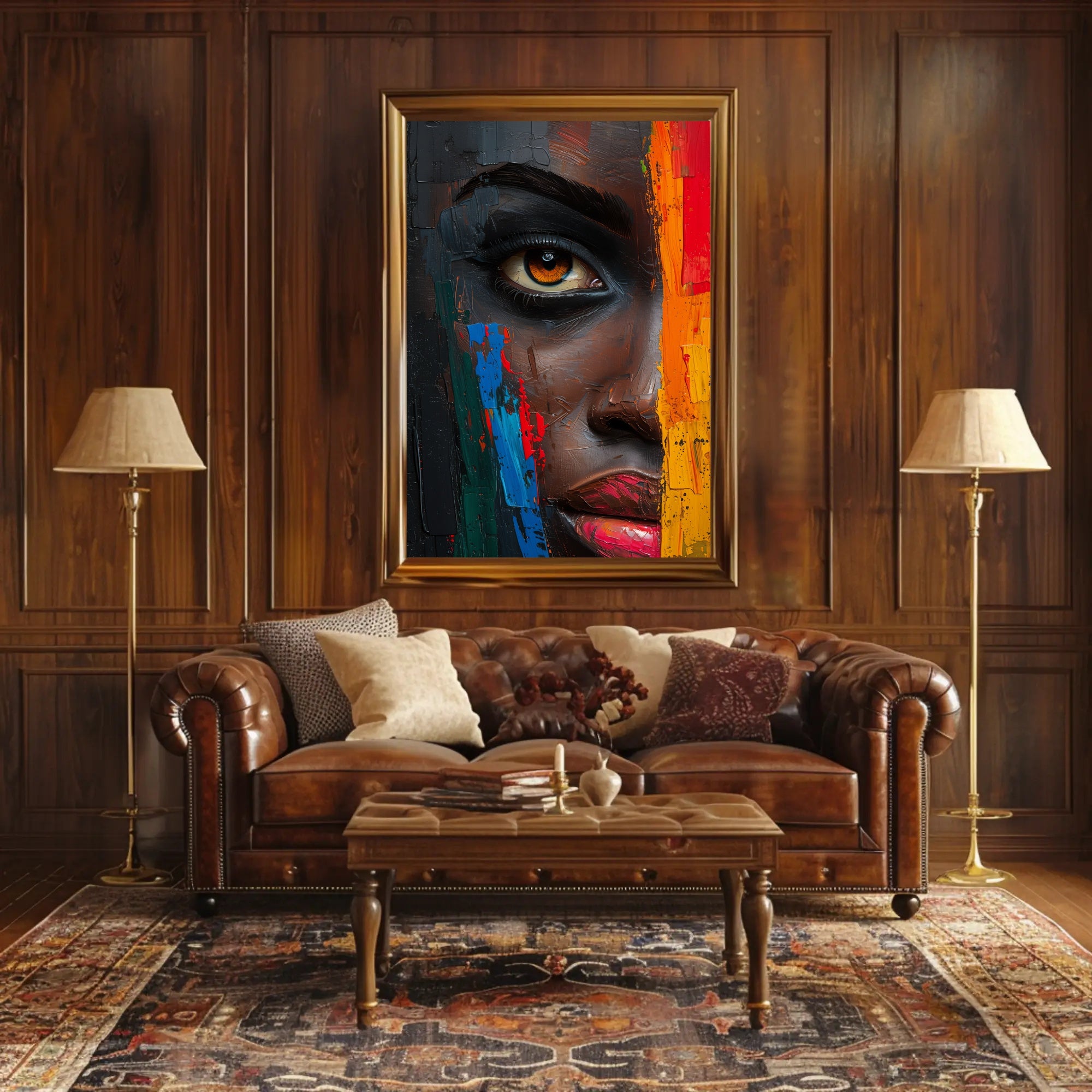 Vibrant Abstract Face with Emotive Single Eye Poster PosterGoat