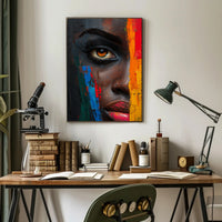 Vibrant Abstract Face with Emotive Single Eye Poster PosterGoat