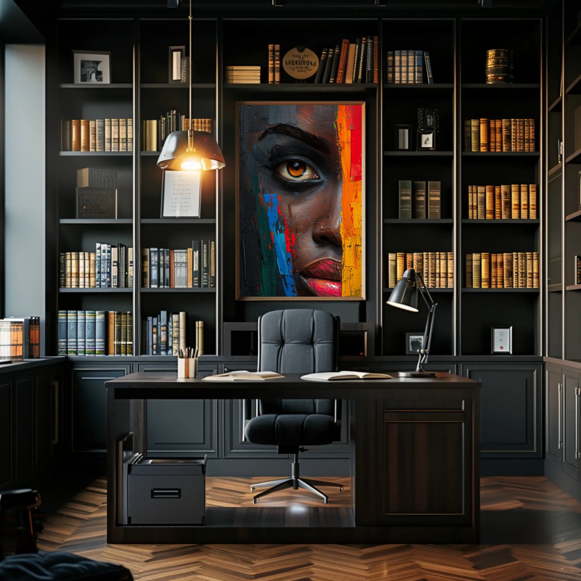 Vibrant Abstract Face with Emotive Single Eye Poster PosterGoat