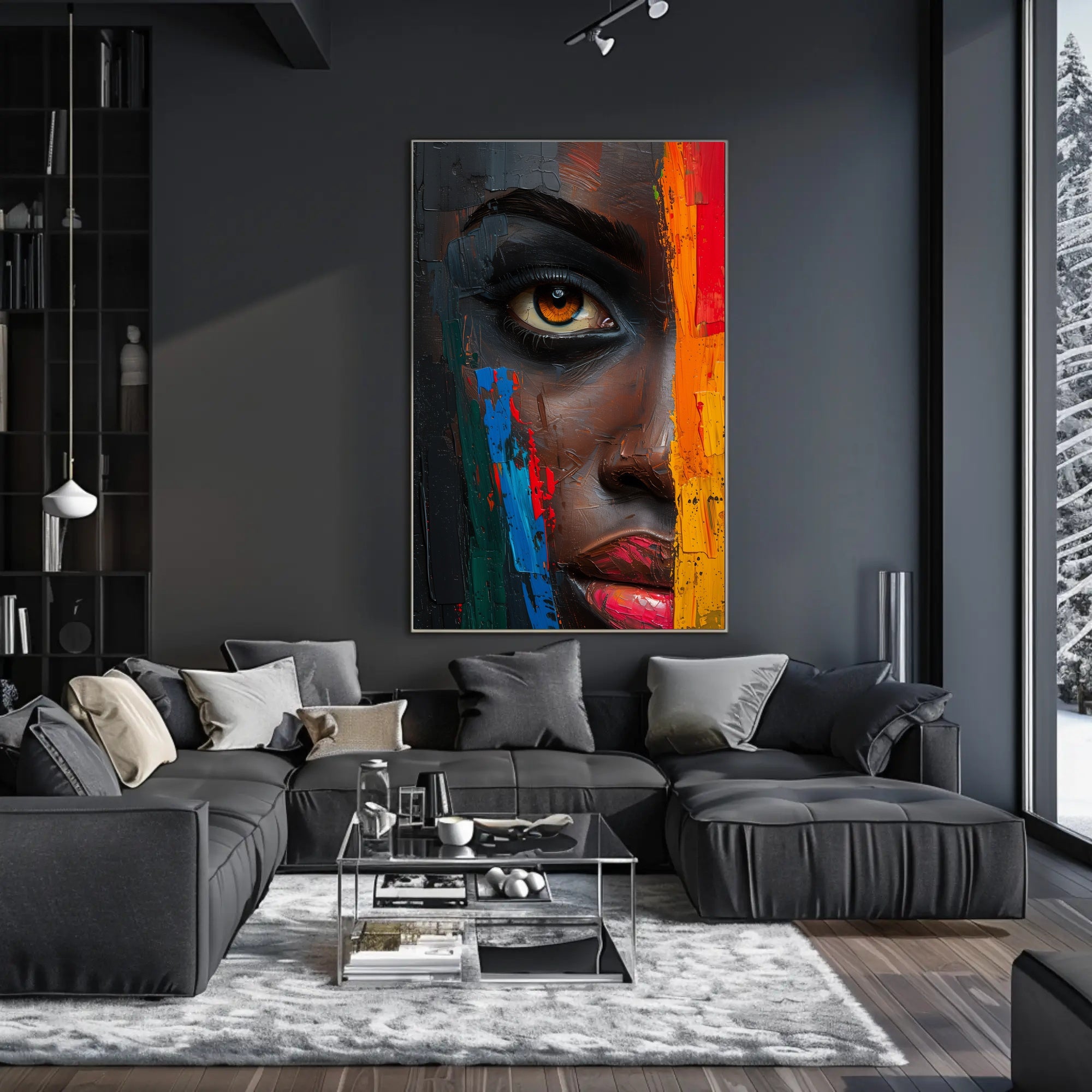Vibrant Abstract Face with Emotive Single Eye Poster PosterGoat