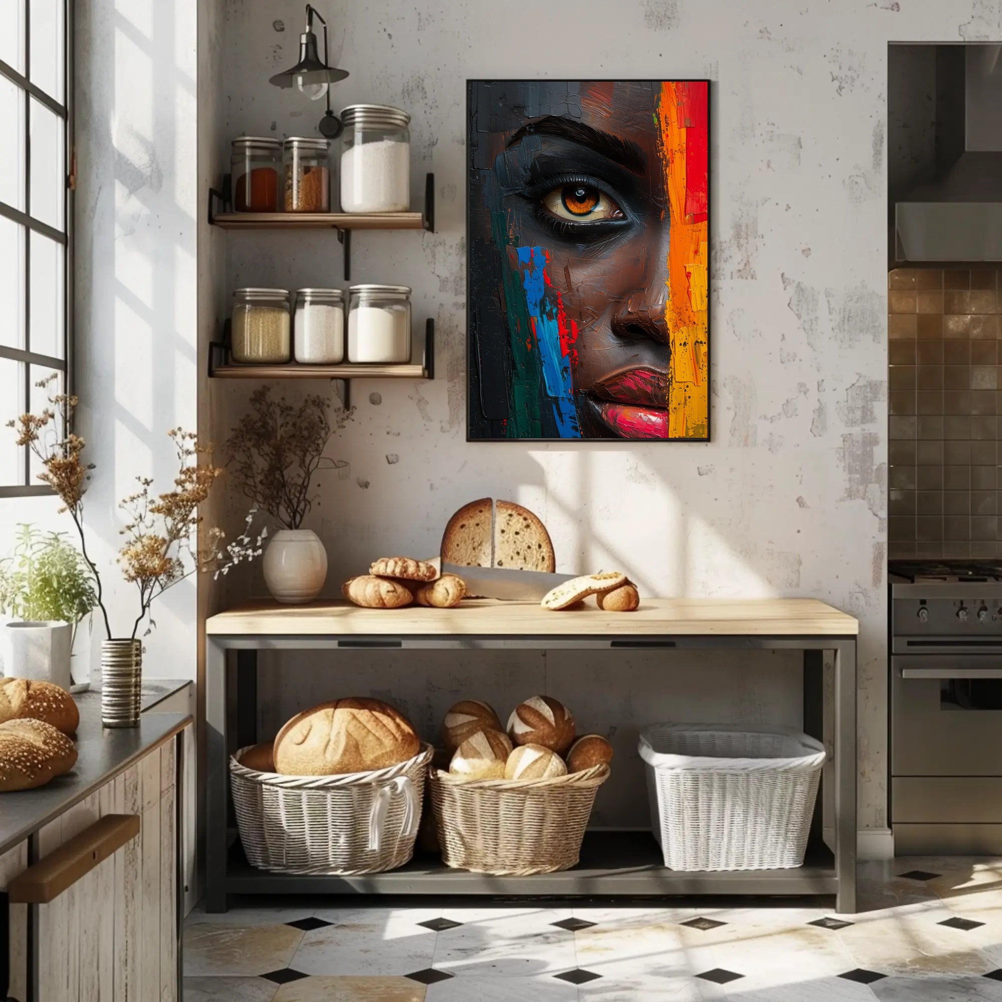 Vibrant Abstract Face with Emotive Single Eye Poster PosterGoat