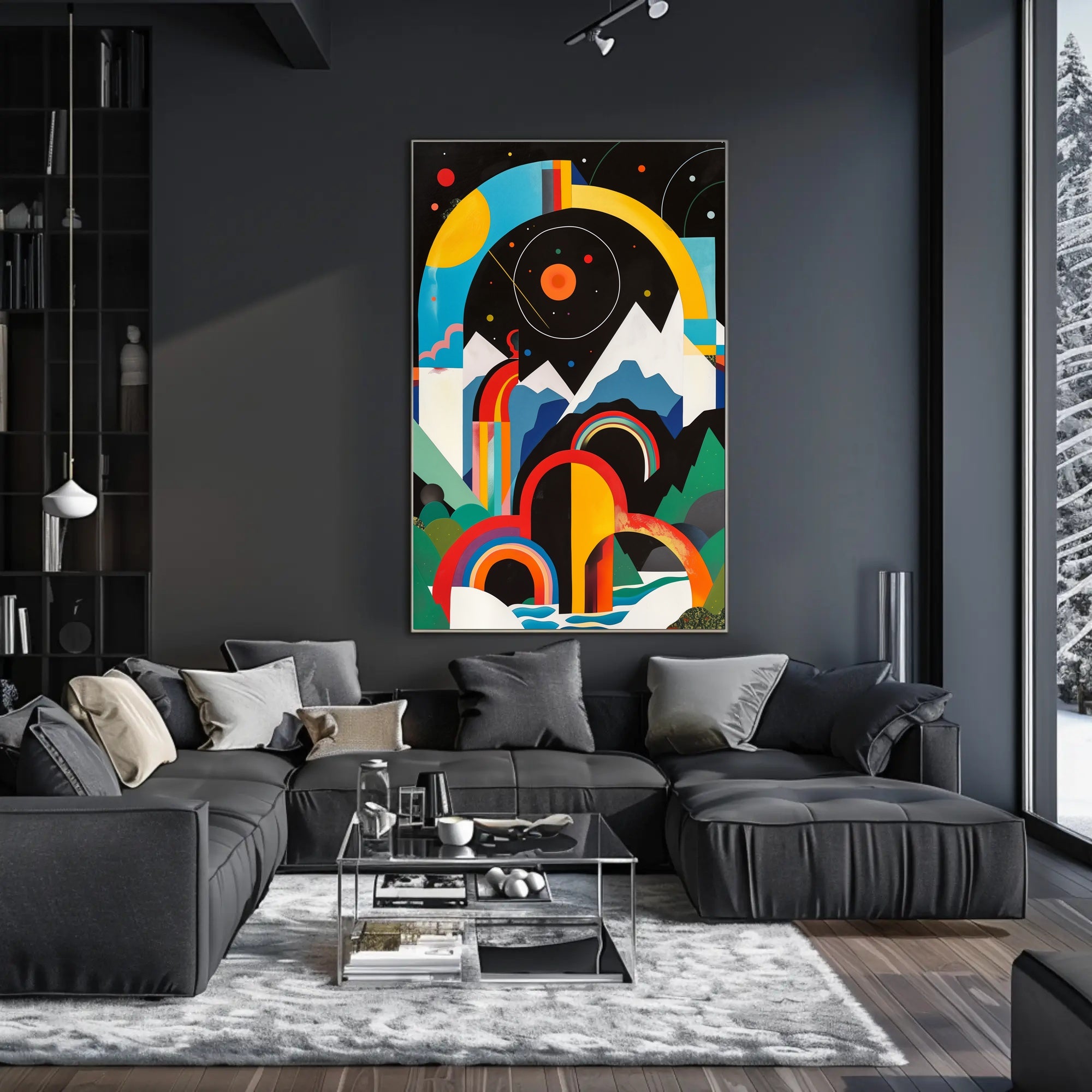 Vibrant Abstract Landscape with Geometric Shapes Artistic Poster PosterGoat