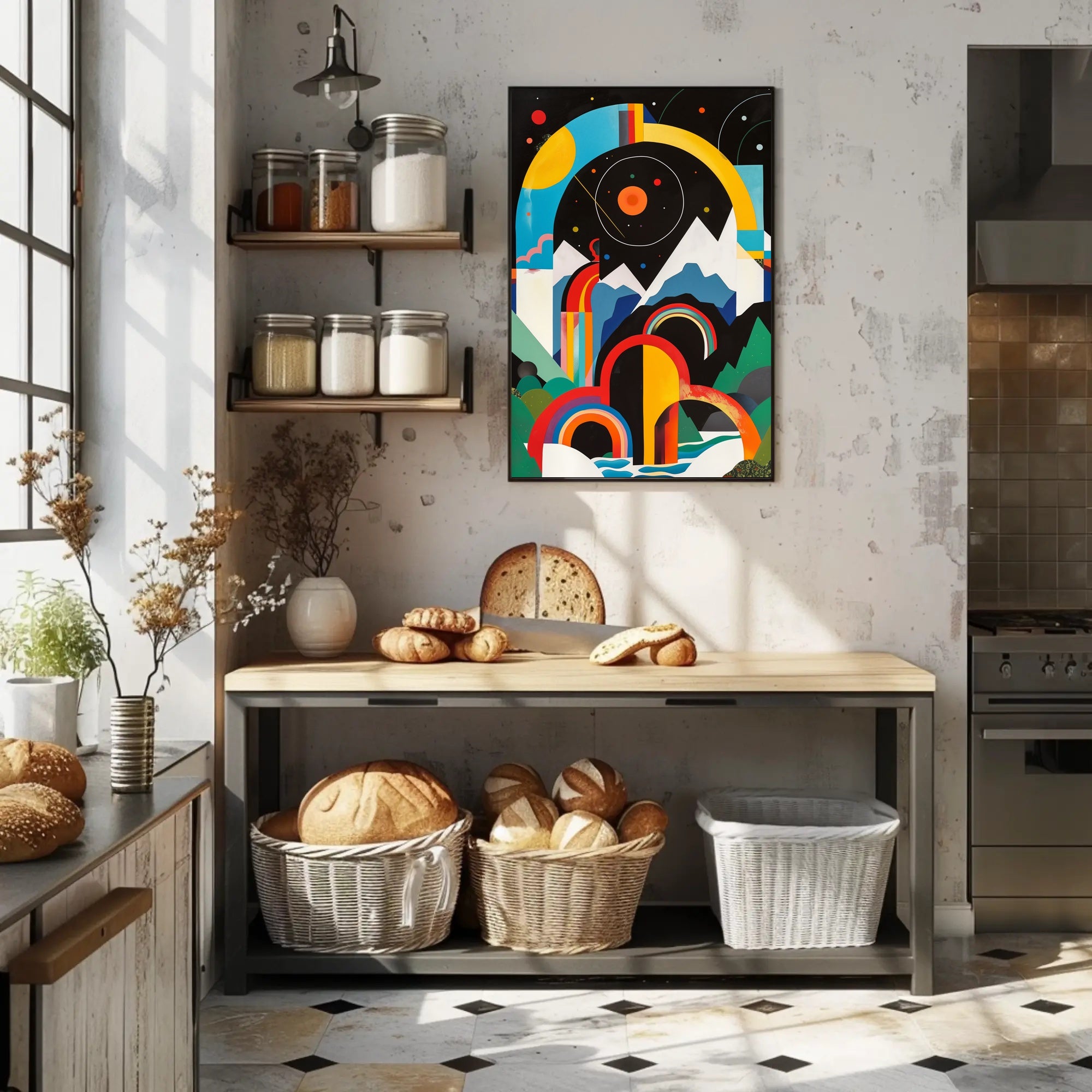 Vibrant Abstract Landscape with Geometric Shapes Artistic Poster PosterGoat