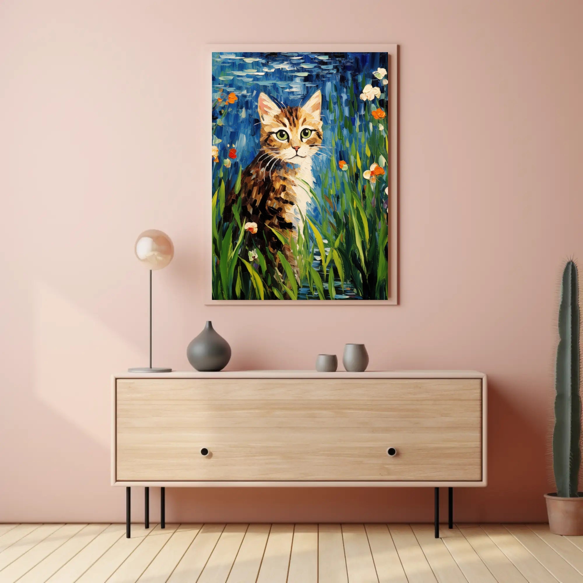 Vibrant Artistic Cat in Garden Animal Poster PosterGoat