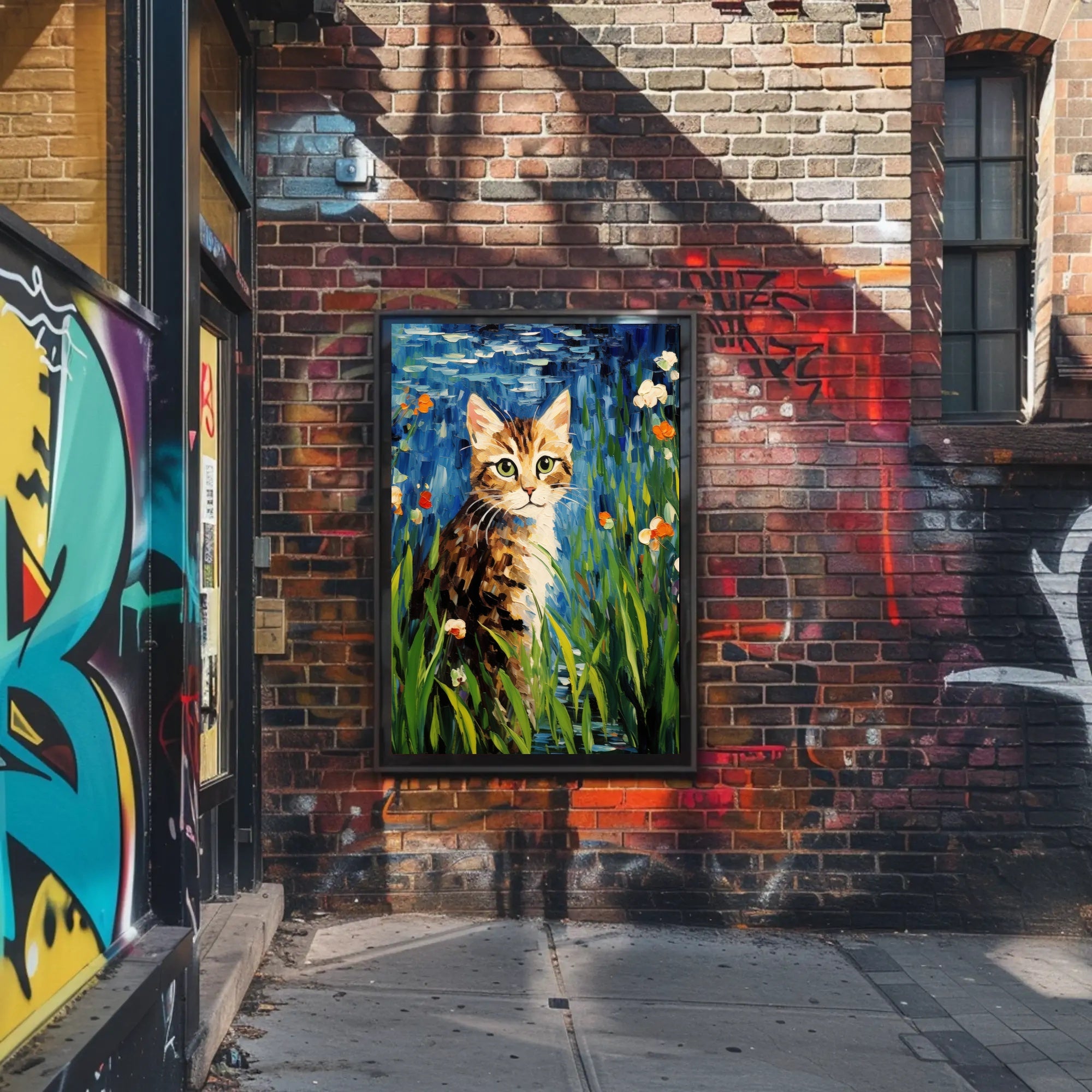 Vibrant Artistic Cat in Garden Animal Poster PosterGoat