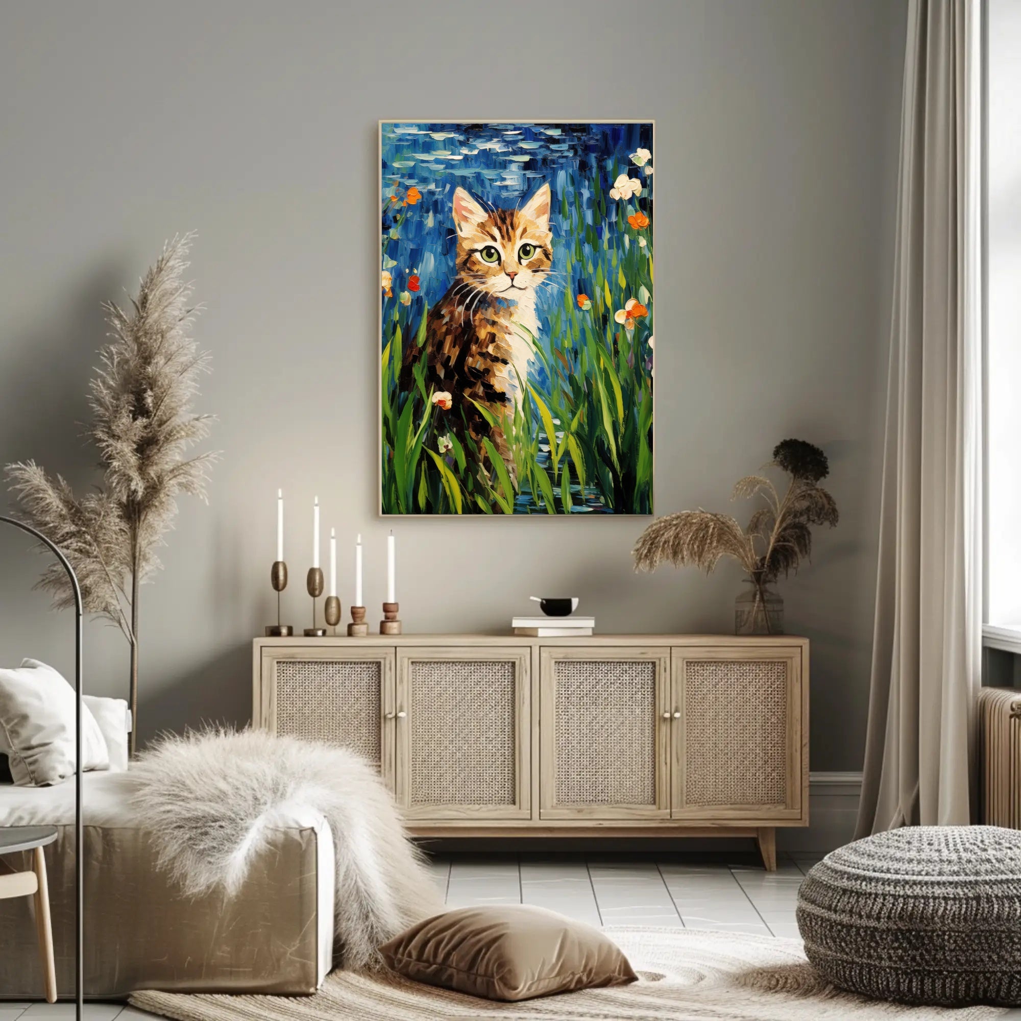 Vibrant Artistic Cat in Garden Animal Poster PosterGoat