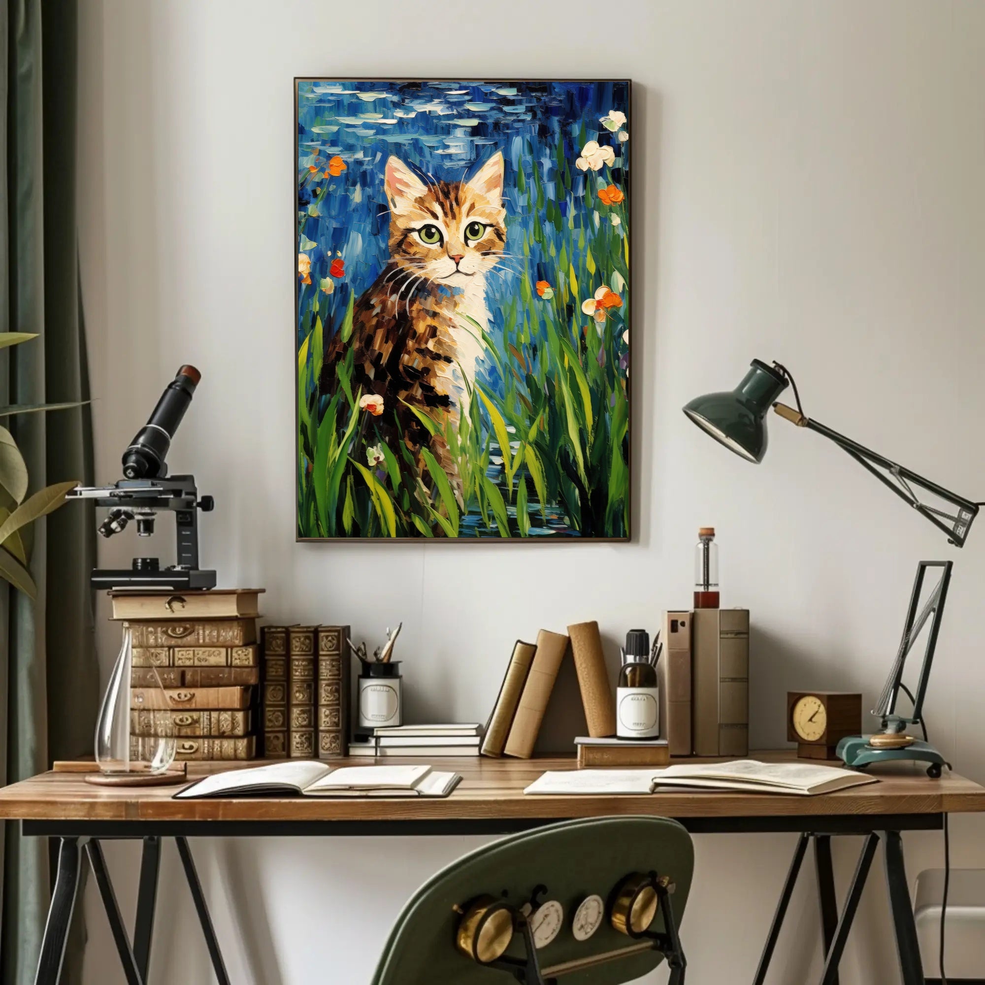 Vibrant Artistic Cat in Garden Animal Poster PosterGoat
