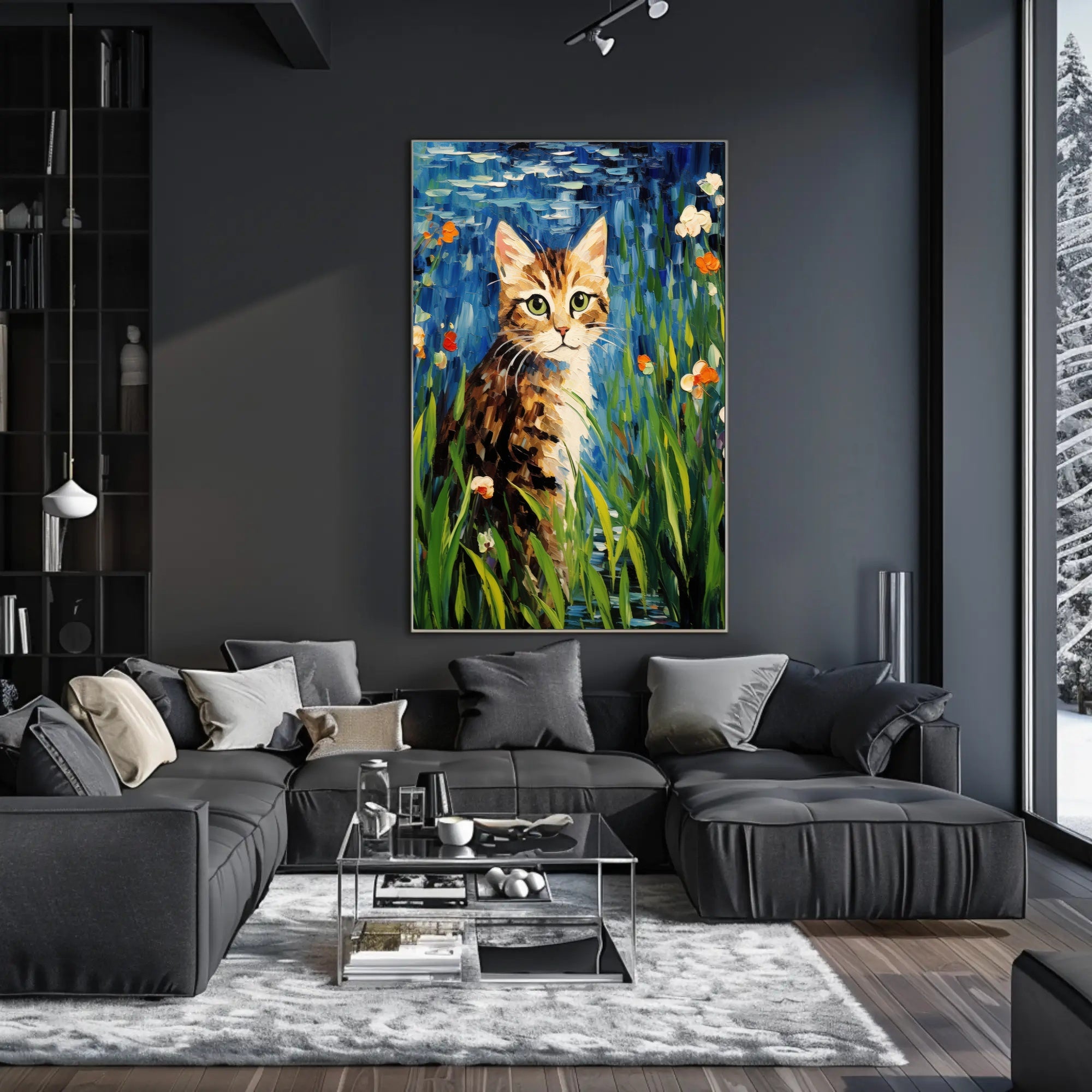 Vibrant Artistic Cat in Garden Animal Poster PosterGoat