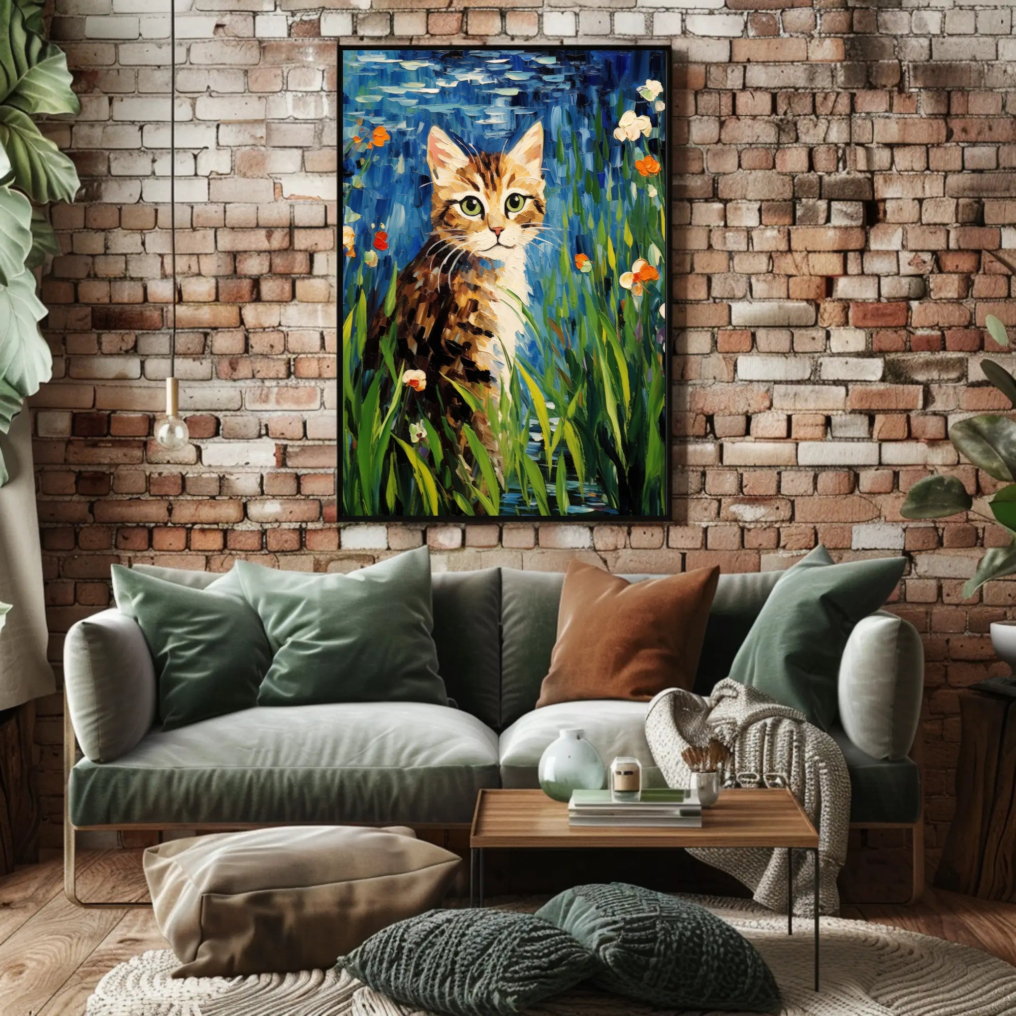 Vibrant Artistic Cat in Garden Animal Poster PosterGoat