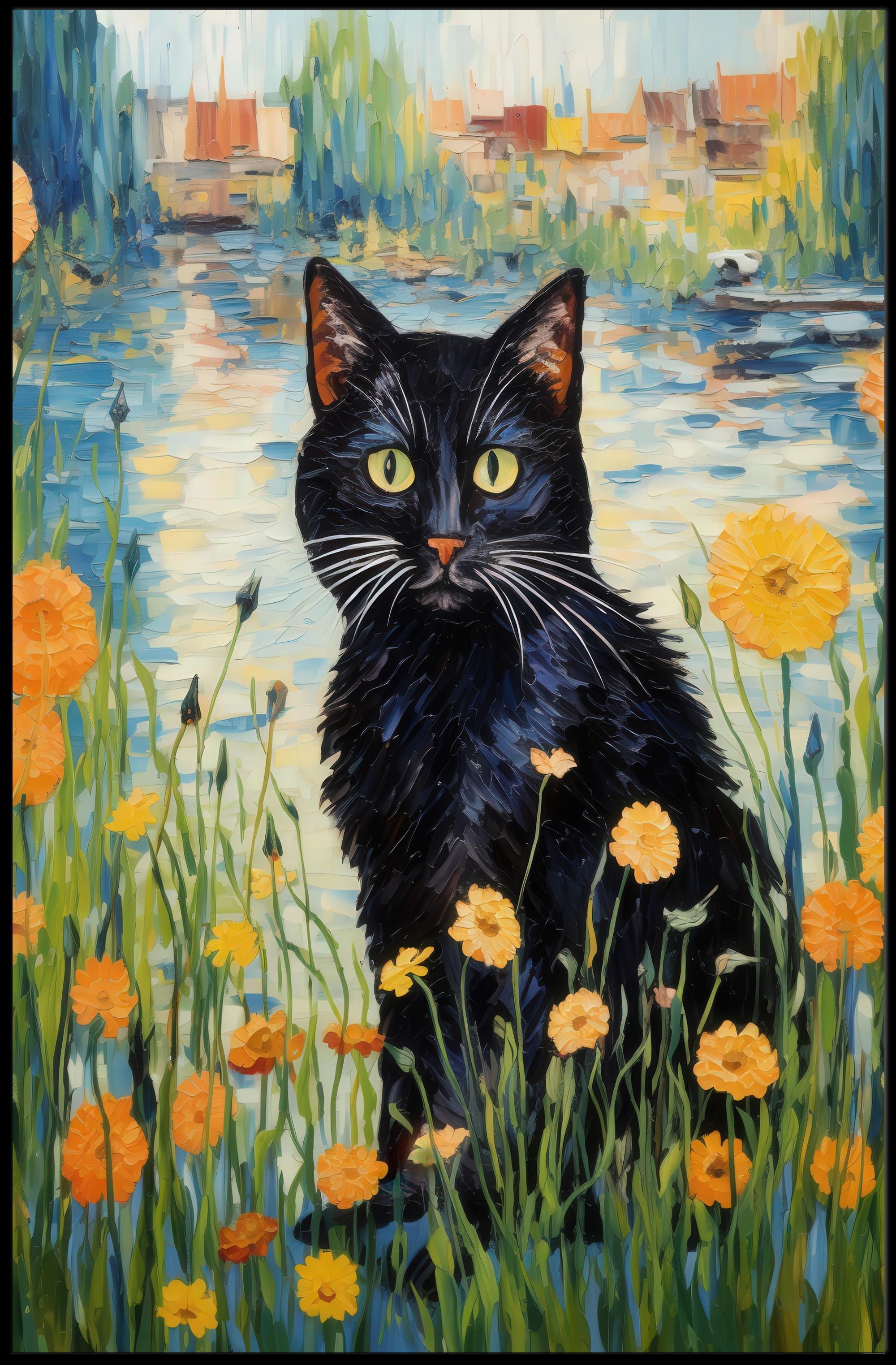 Vibrant Black Cat with Wildflowers Artistic Poster PosterGoat