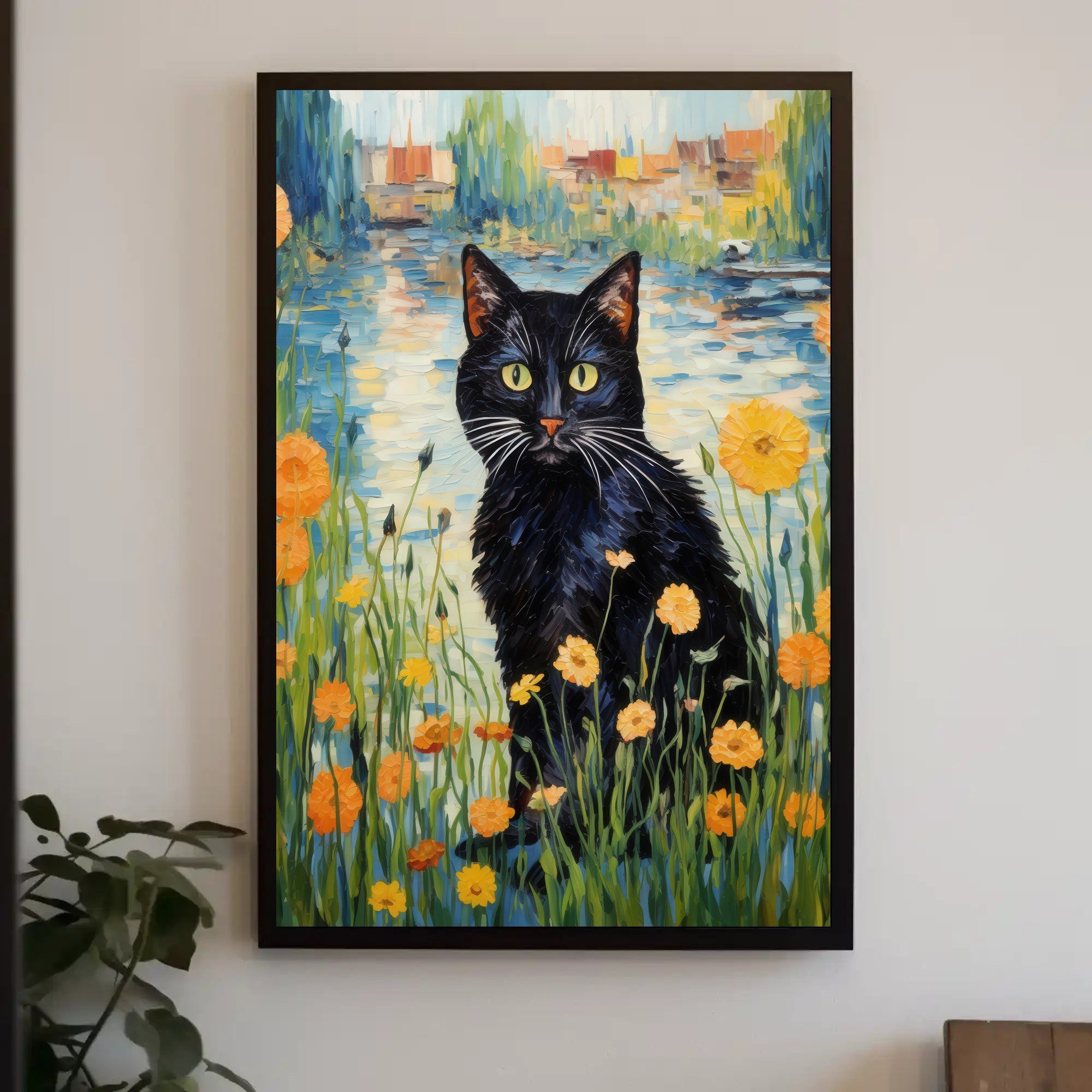 Vibrant Black Cat with Wildflowers Artistic Poster PosterGoat