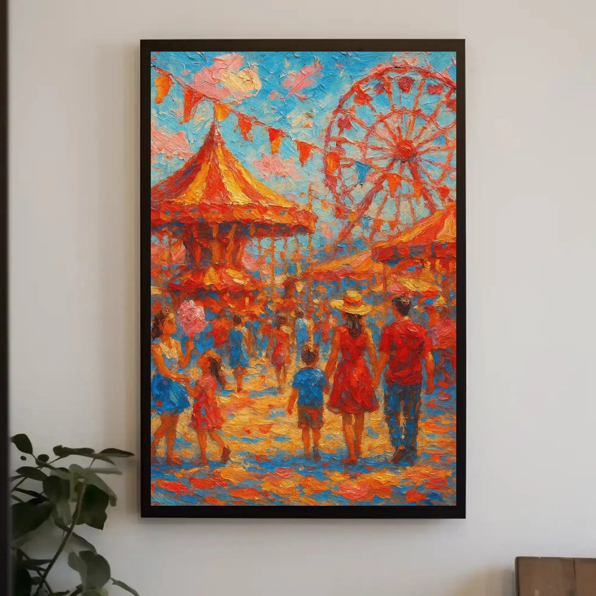 Vibrant Carnival Scene with Carousel and Ferris Wheel Poster PosterGoat