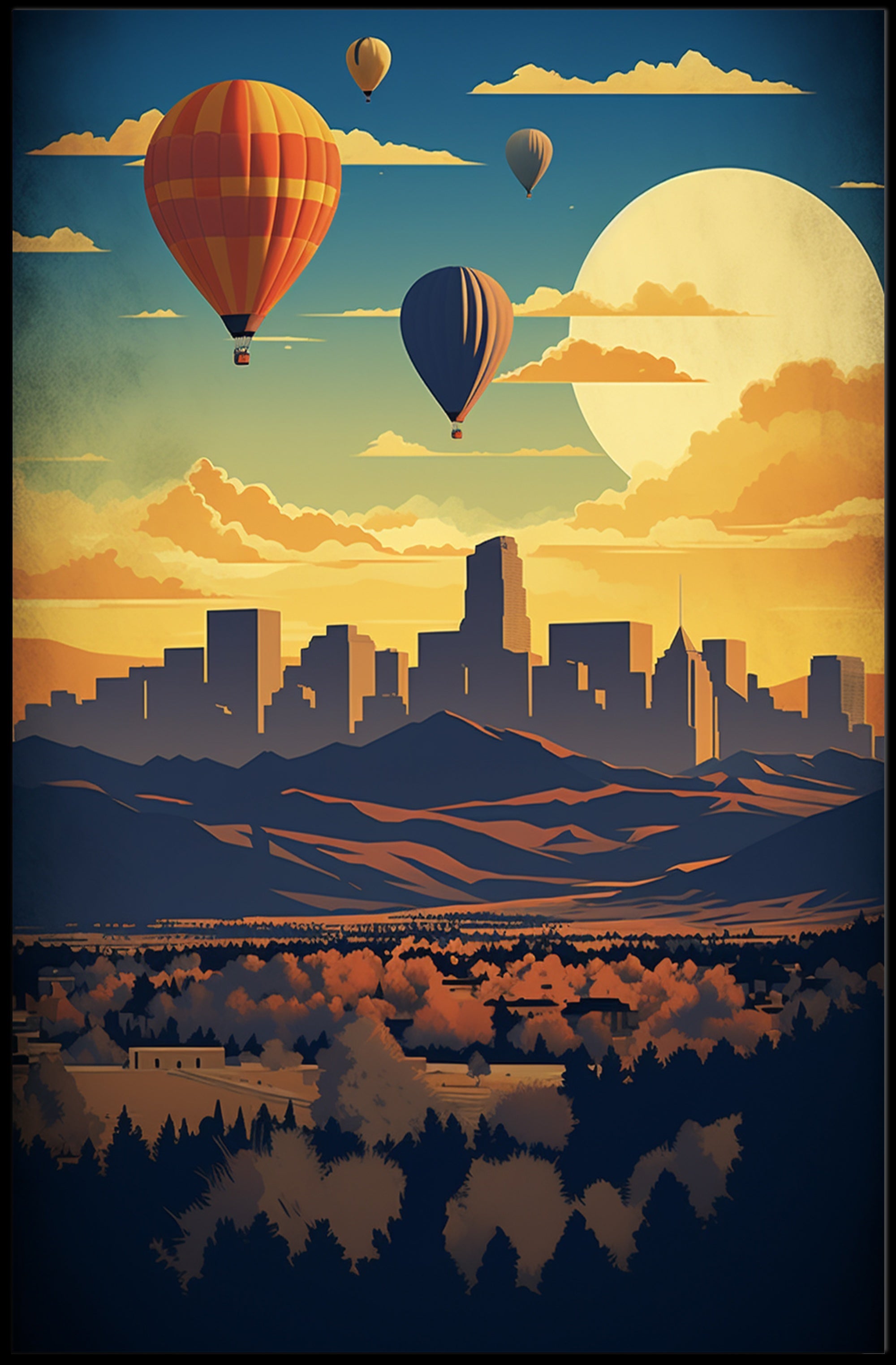 Vibrant Cityscape with Hot Air Balloons Travel Poster PosterGoat