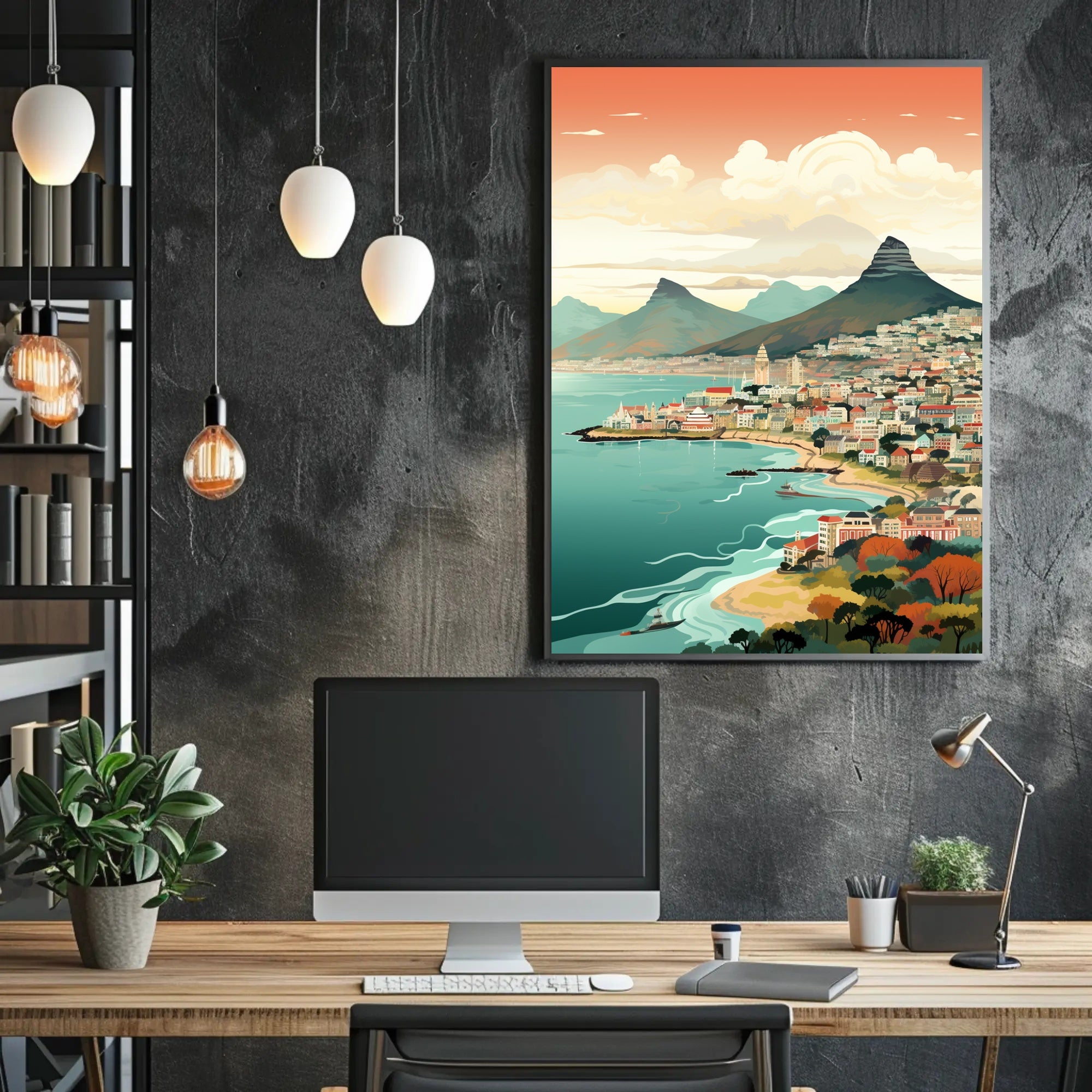 Vibrant Coastal Cityscape with Vintage Charm Travel Poster PosterGoat