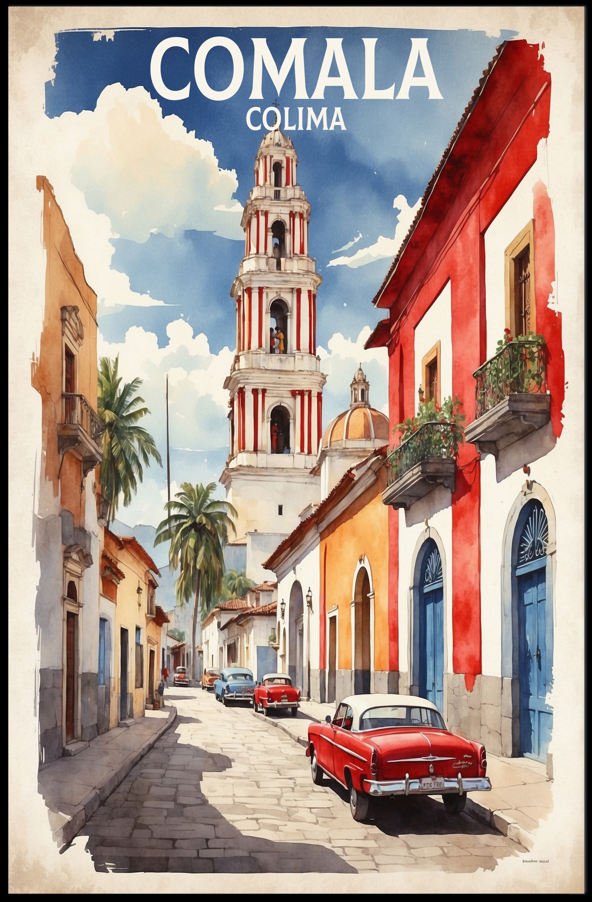Vibrant Comala Street Scene with Classic Cars Poster PosterGoat