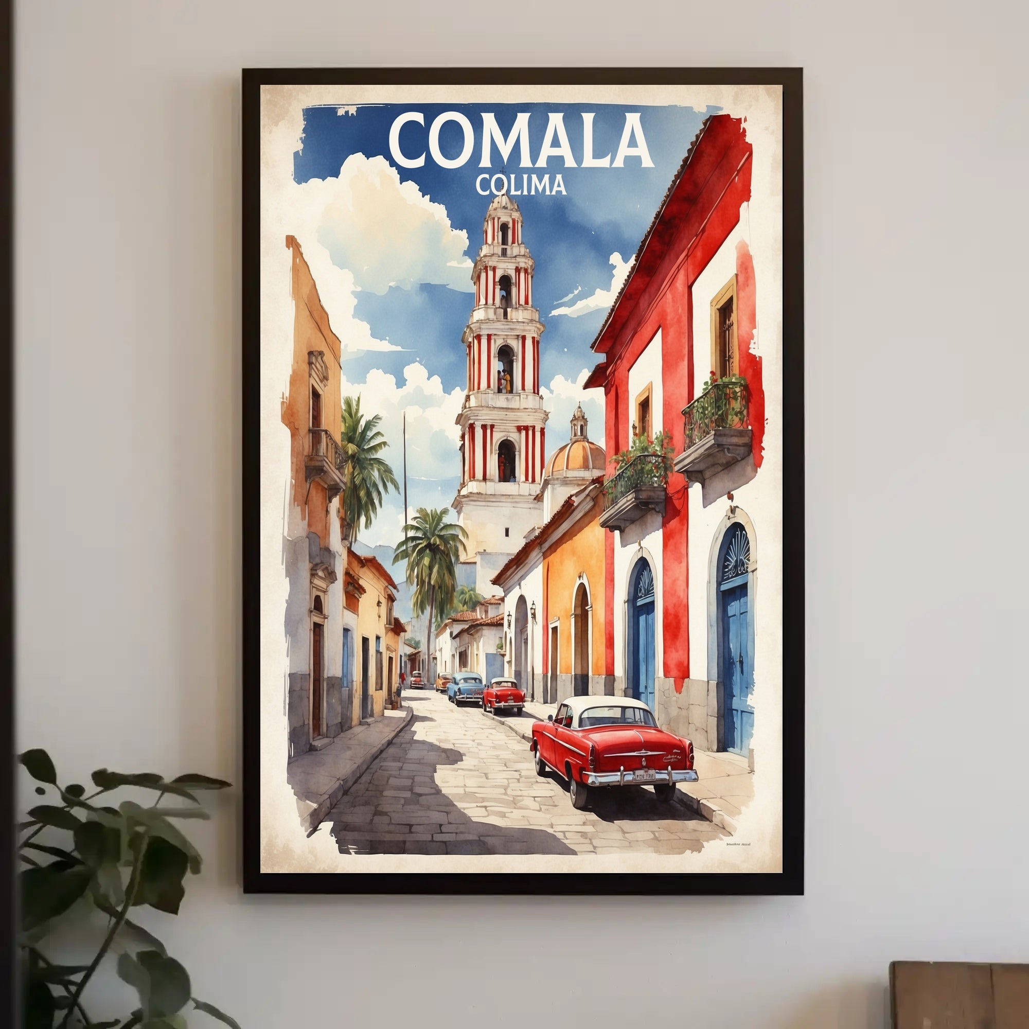 Vibrant Comala Street Scene with Classic Cars Poster PosterGoat