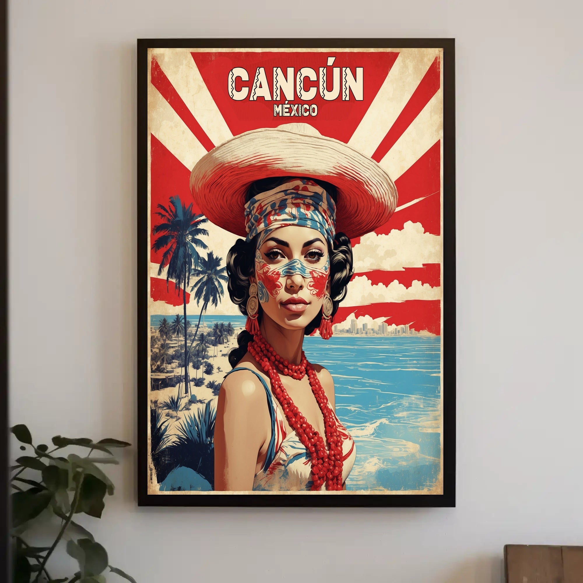 Vibrant Cultural Woman Cancún Vintage Travel Poster PosterGoat
