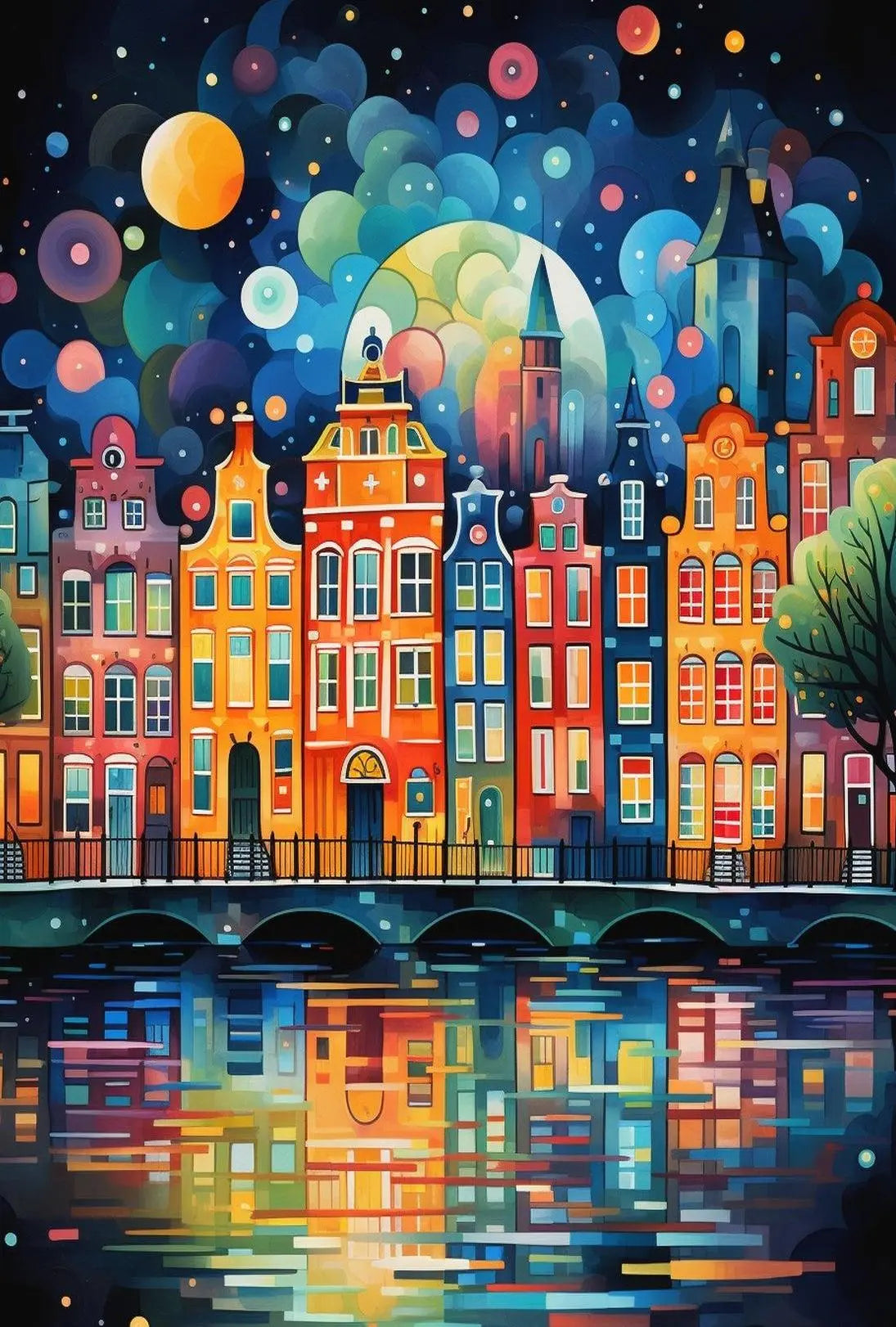 Vibrant European Nightscape City Canal Abstract Art Poster PosterGoat