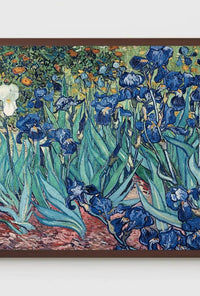Vibrant Garden Irises in Post-Impressionist Style Art Poster showcasing bold brushwork and vivid blue irises from Artistry Prints.