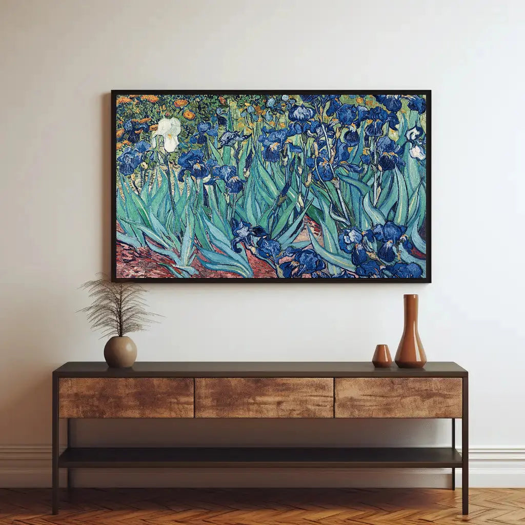 Vibrant Garden Irises in Post-Impressionist Style Art Poster PosterGoat