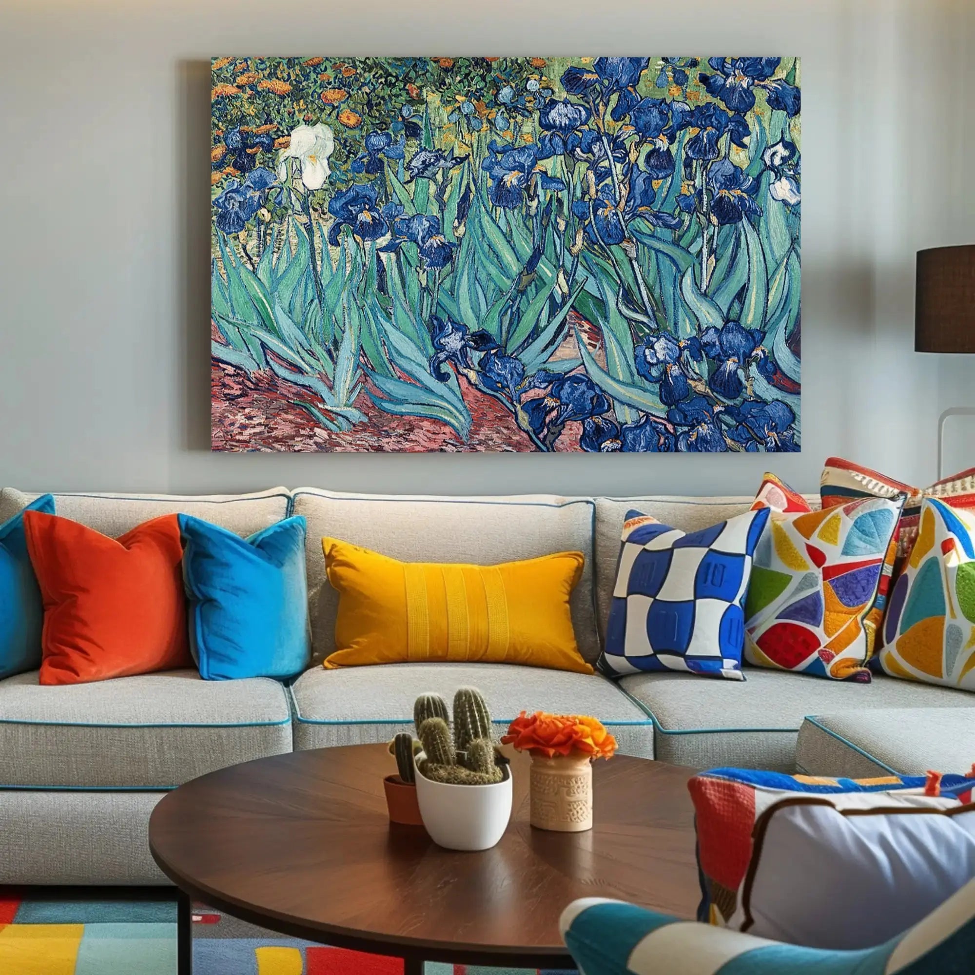 Vibrant Garden Irises in Post-Impressionist Style Art Poster PosterGoat