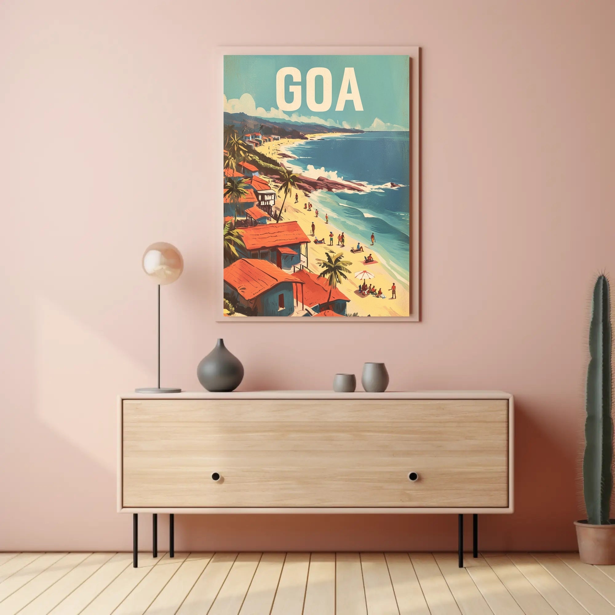 Vibrant Goa Beach Scene Mid-Century Travel Poster PosterGoat