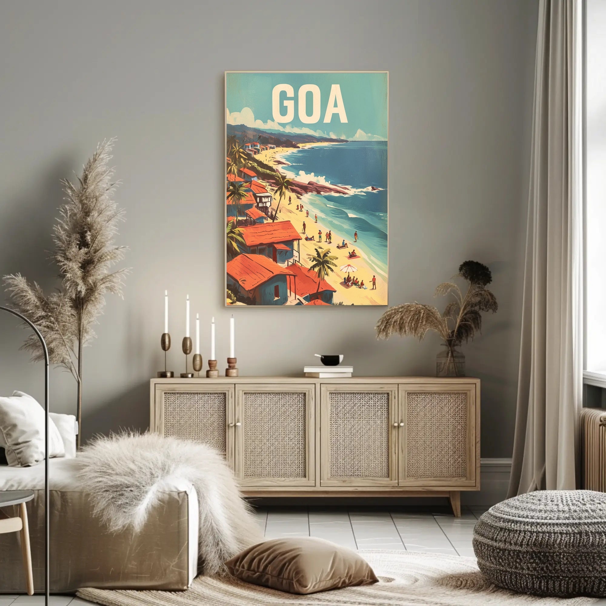 Vibrant Goa Beach Scene Mid-Century Travel Poster PosterGoat