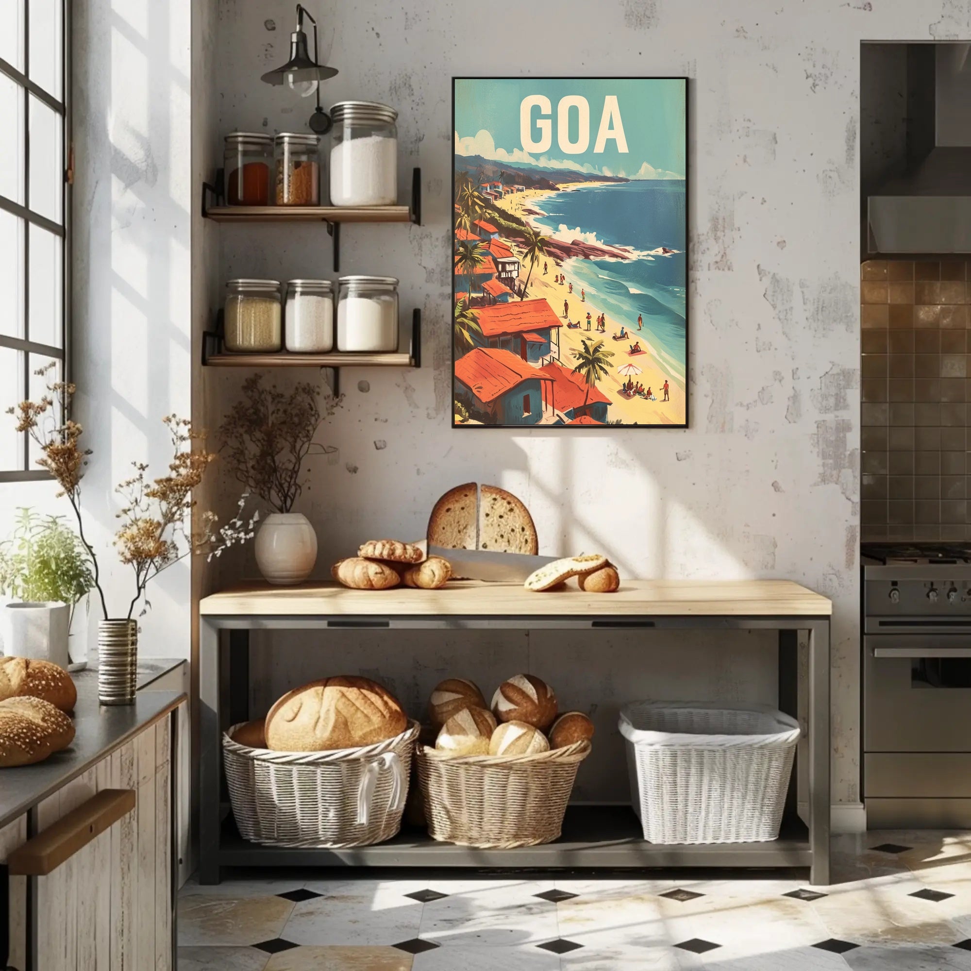 Vibrant Goa Beach Scene Mid-Century Travel Poster PosterGoat