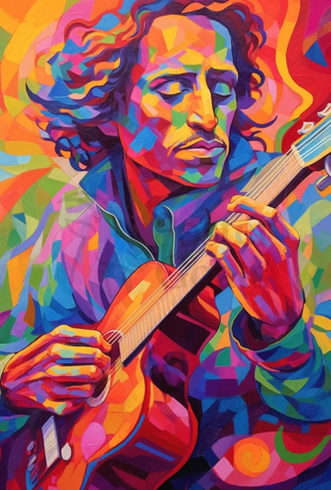 Vibrant Guitarist Portrait in Abstract Artistic Poster PosterGoat