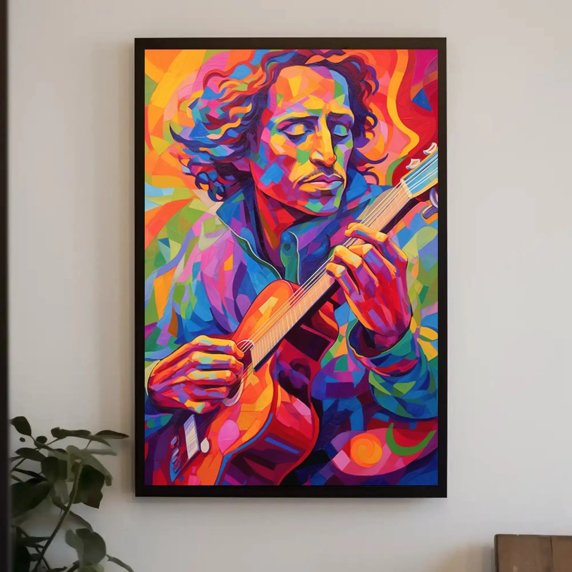 Vibrant Guitarist Portrait in Abstract Artistic Poster PosterGoat