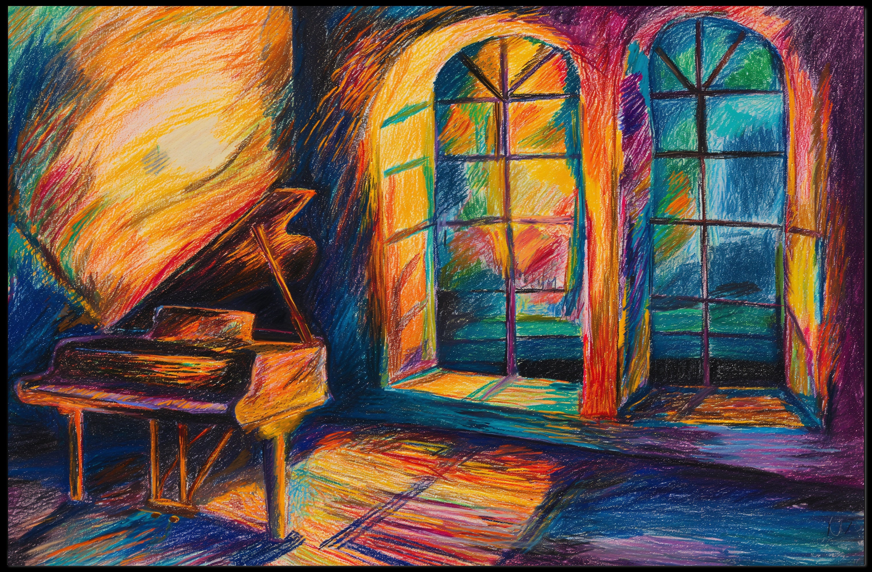 Vibrant Interior with Piano and Windows Artistic Poster PosterGoat