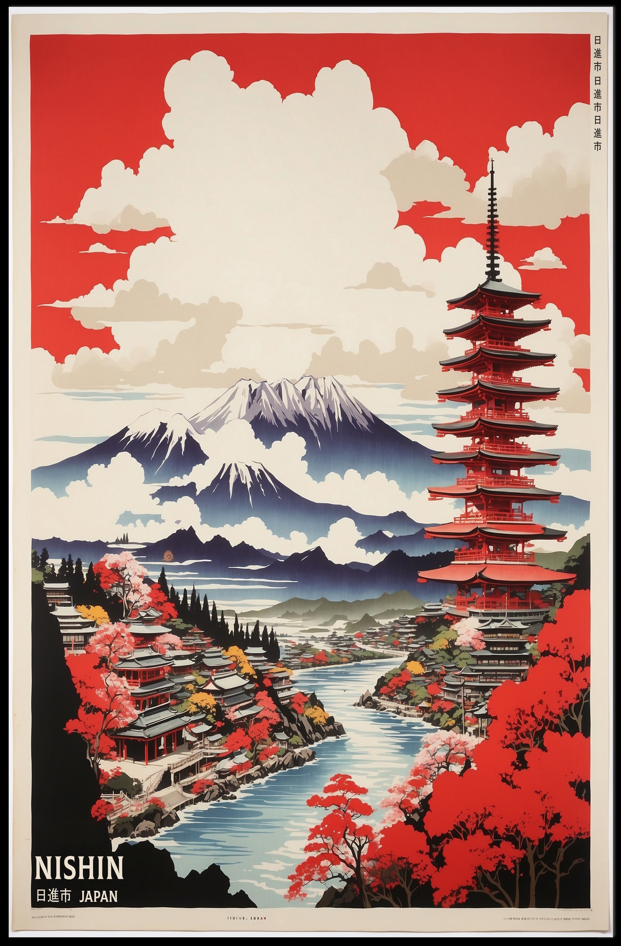 Vibrant Japanese Landscape Featuring Pagoda and Mountains - Travel Poster PosterGoat