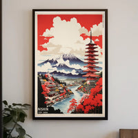 Vibrant Japanese Landscape Featuring Pagoda and Mountains - Travel Poster PosterGoat