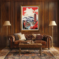 Vibrant Japanese Landscape Featuring Pagoda and Mountains - Travel Poster PosterGoat
