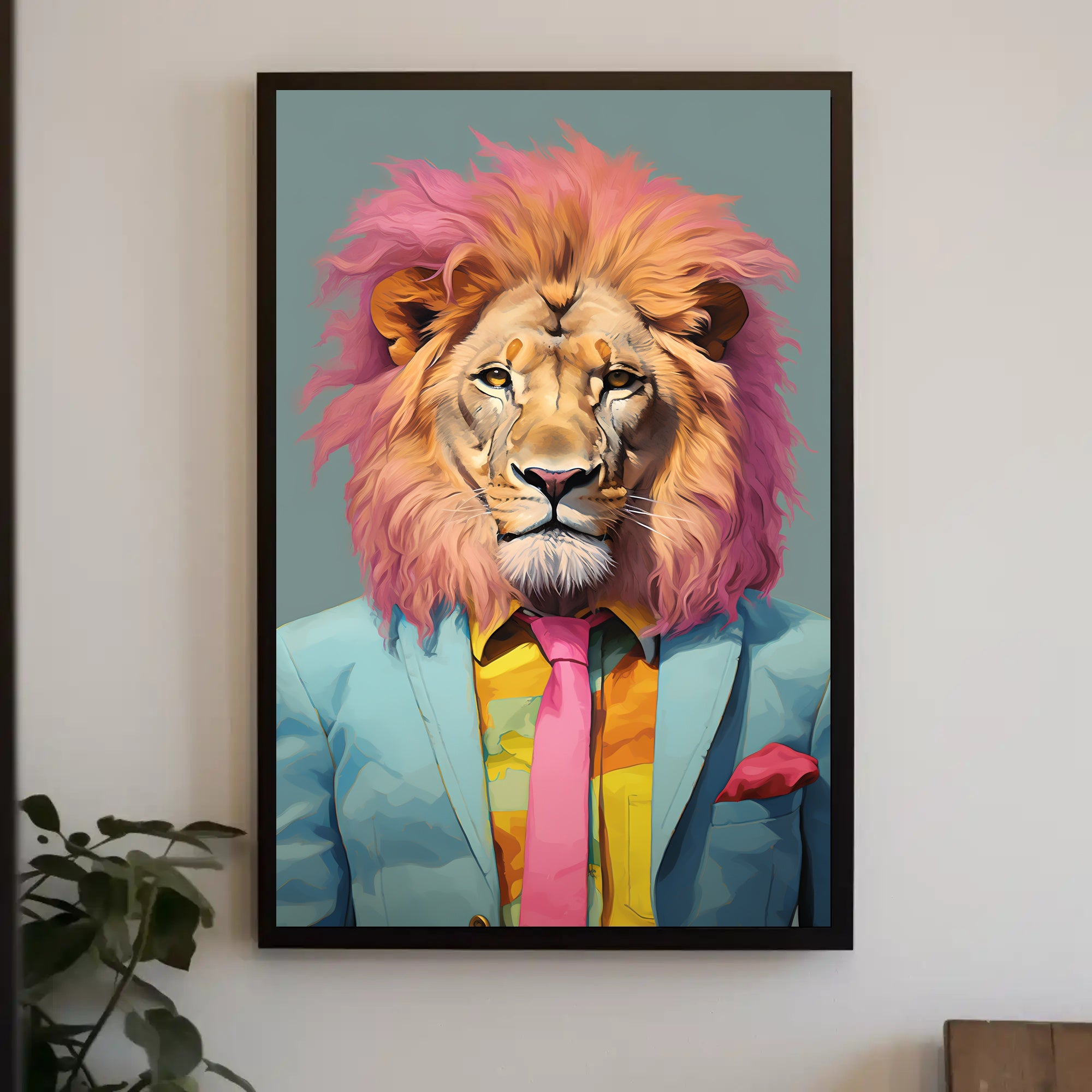 Vibrant Lion in Suit: Artistic Poster PosterGoat