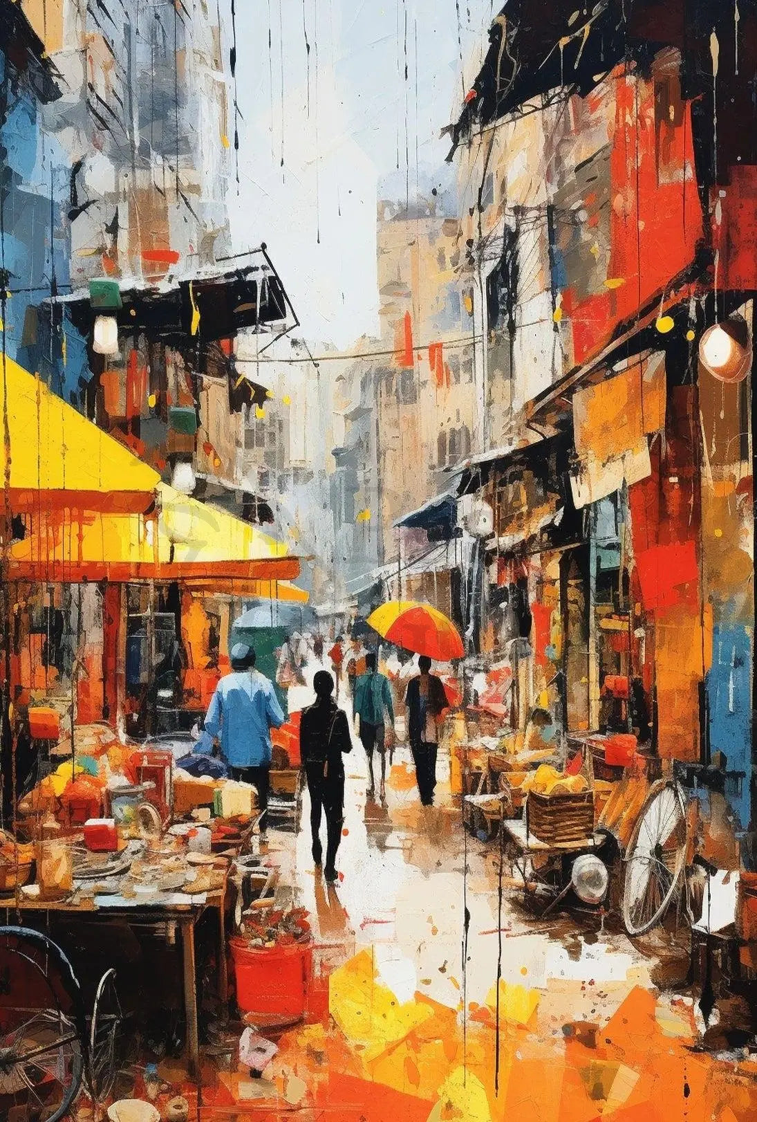 Vibrant Market Scene in Urban Asia - Artistic Poster PosterGoat