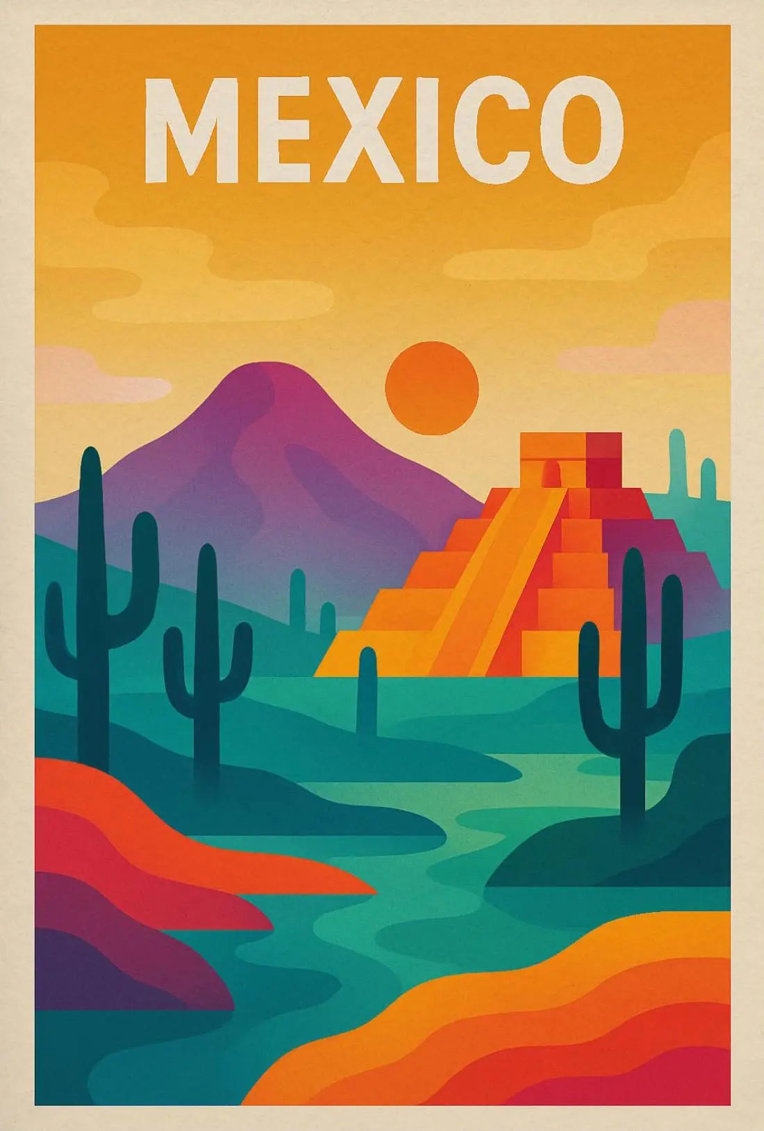 Vibrant Mesoamerican Pyramid Mexico Cultural Heritage Poster PosterGoat