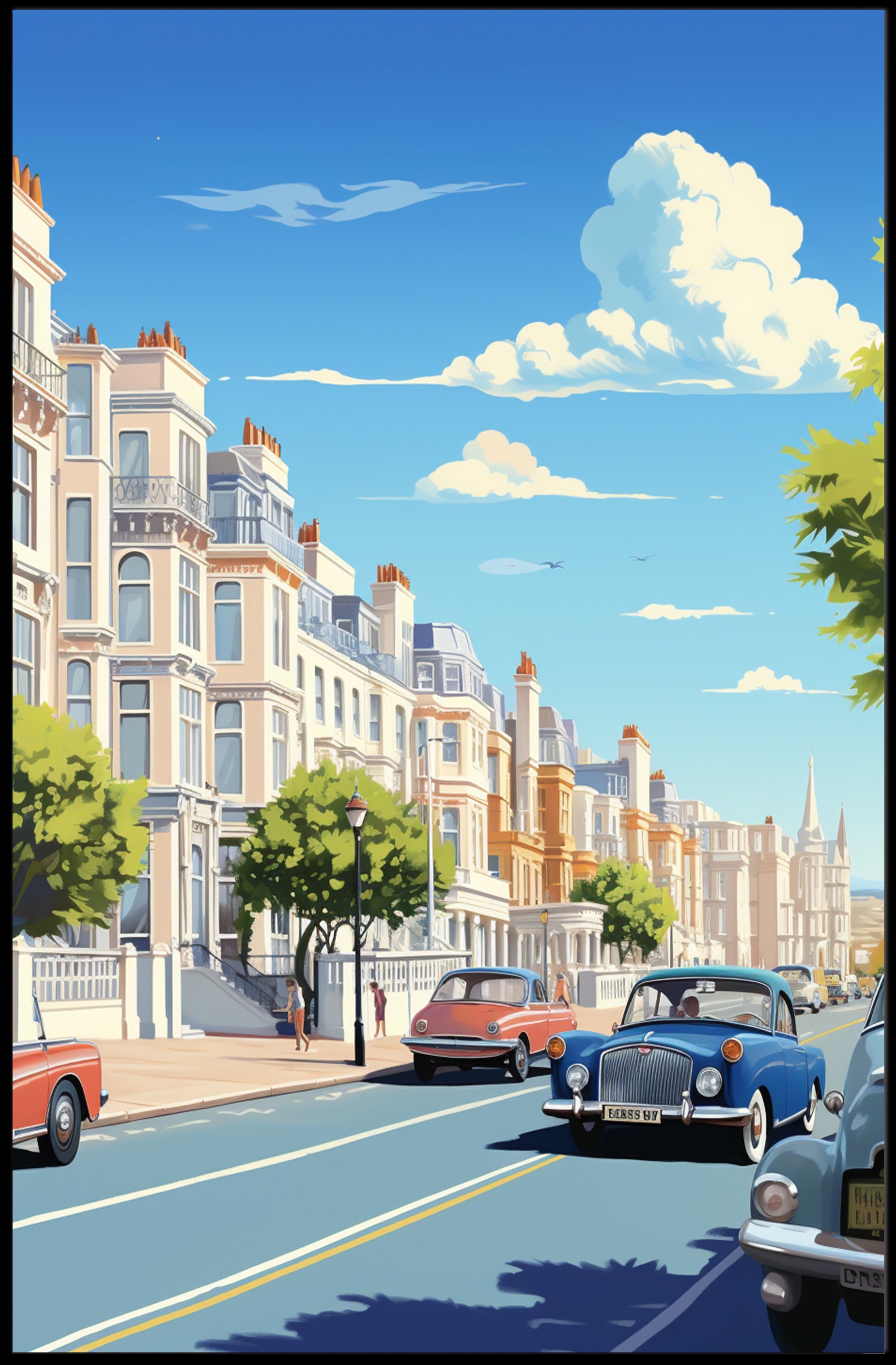 Vibrant Mid-Century European City Street Urban or Cityscape Poster PosterGoat