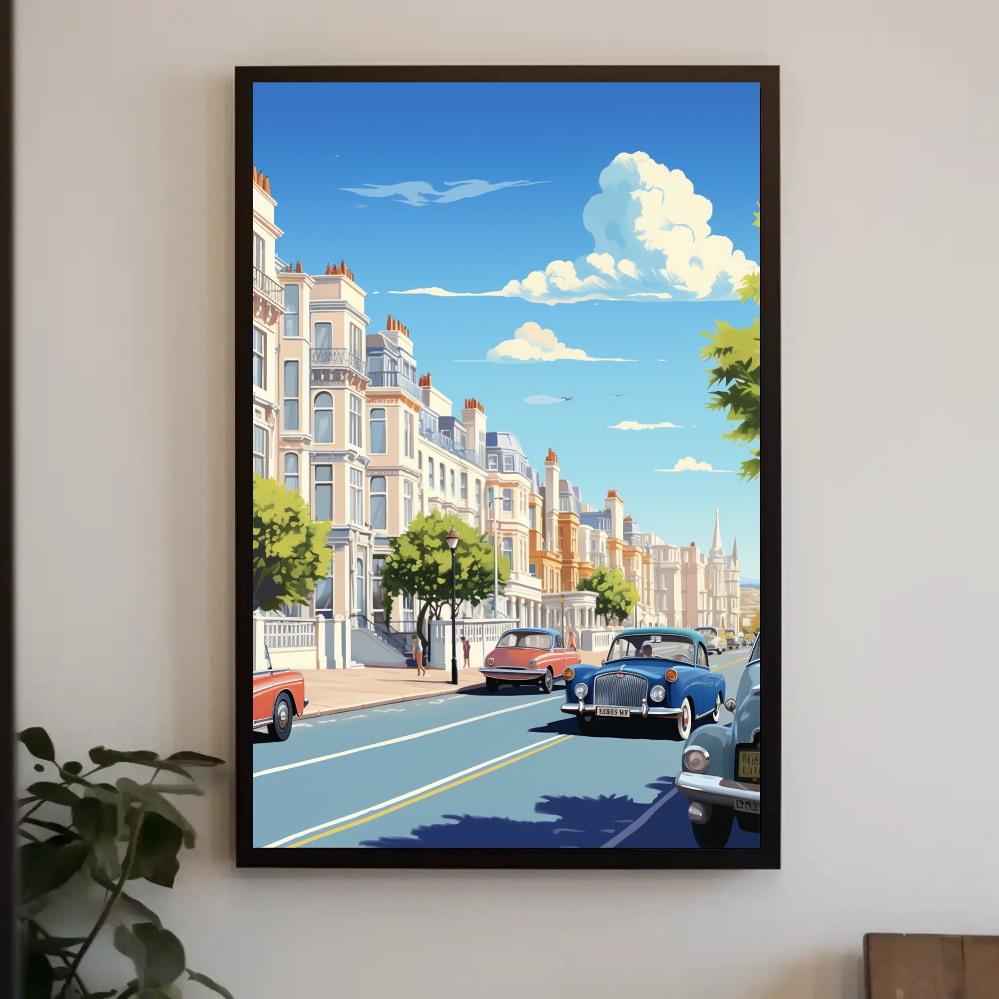 Vibrant Mid-Century European City Street Urban or Cityscape Poster PosterGoat