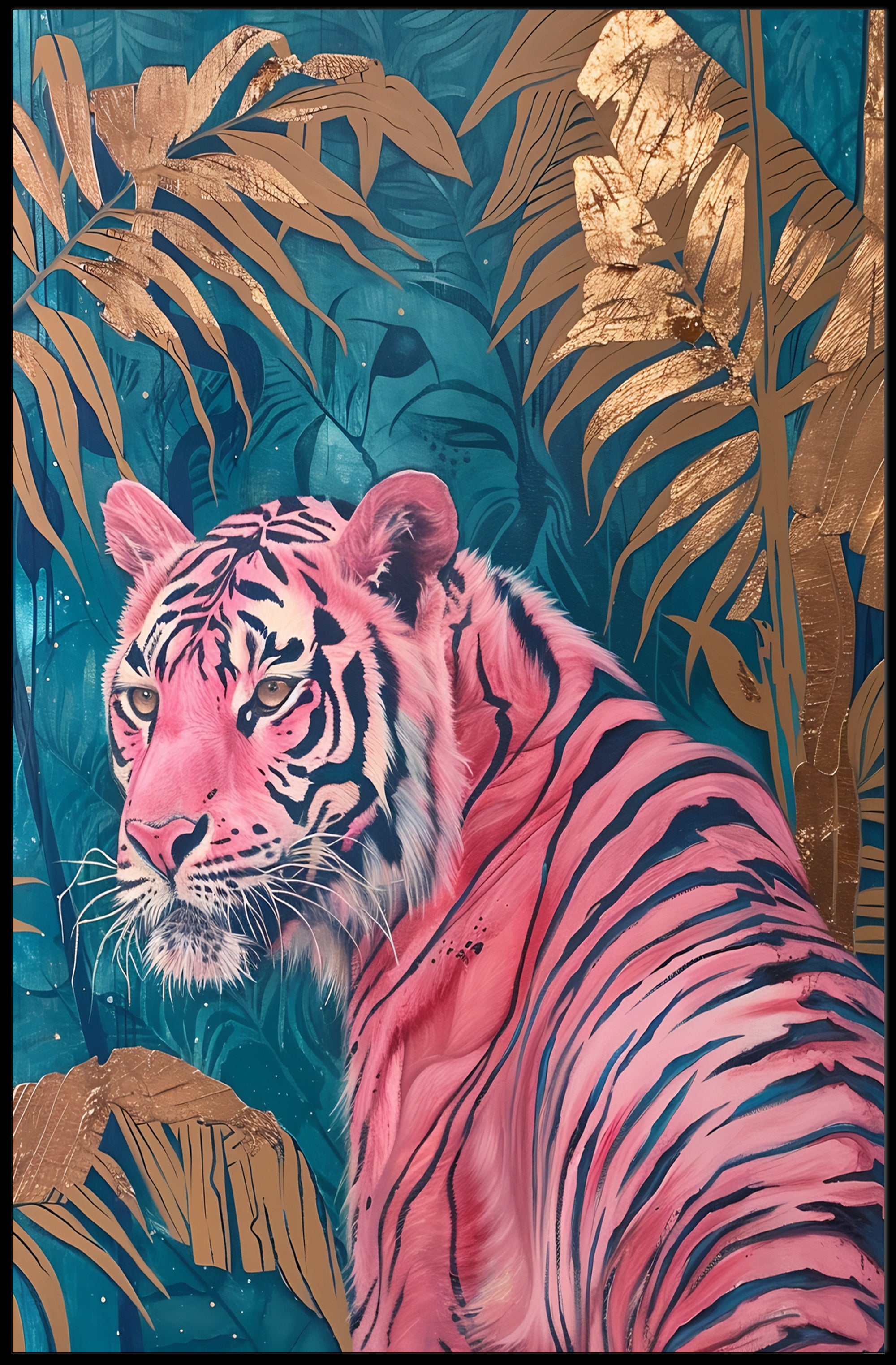 Vibrant Pink Tiger in Exotic Jungle Artistic Poster PosterGoat