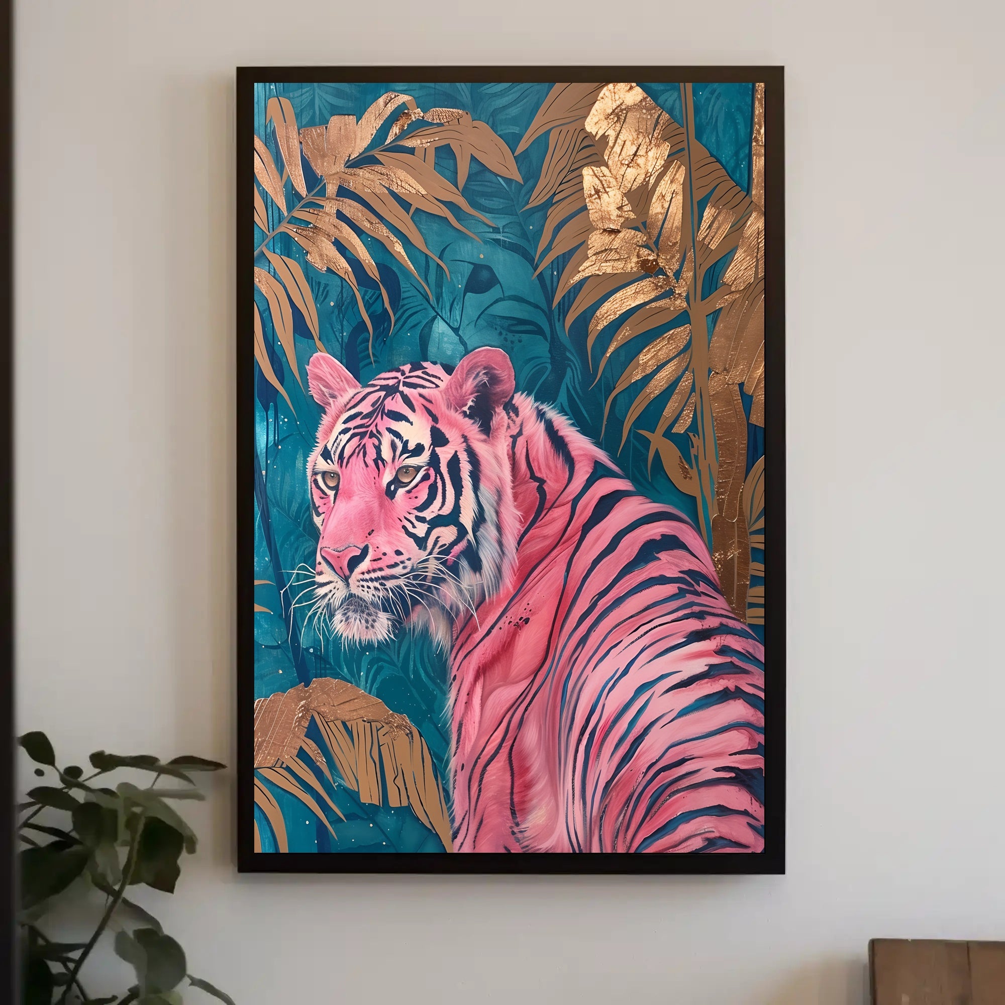Vibrant Pink Tiger in Exotic Jungle Artistic Poster PosterGoat