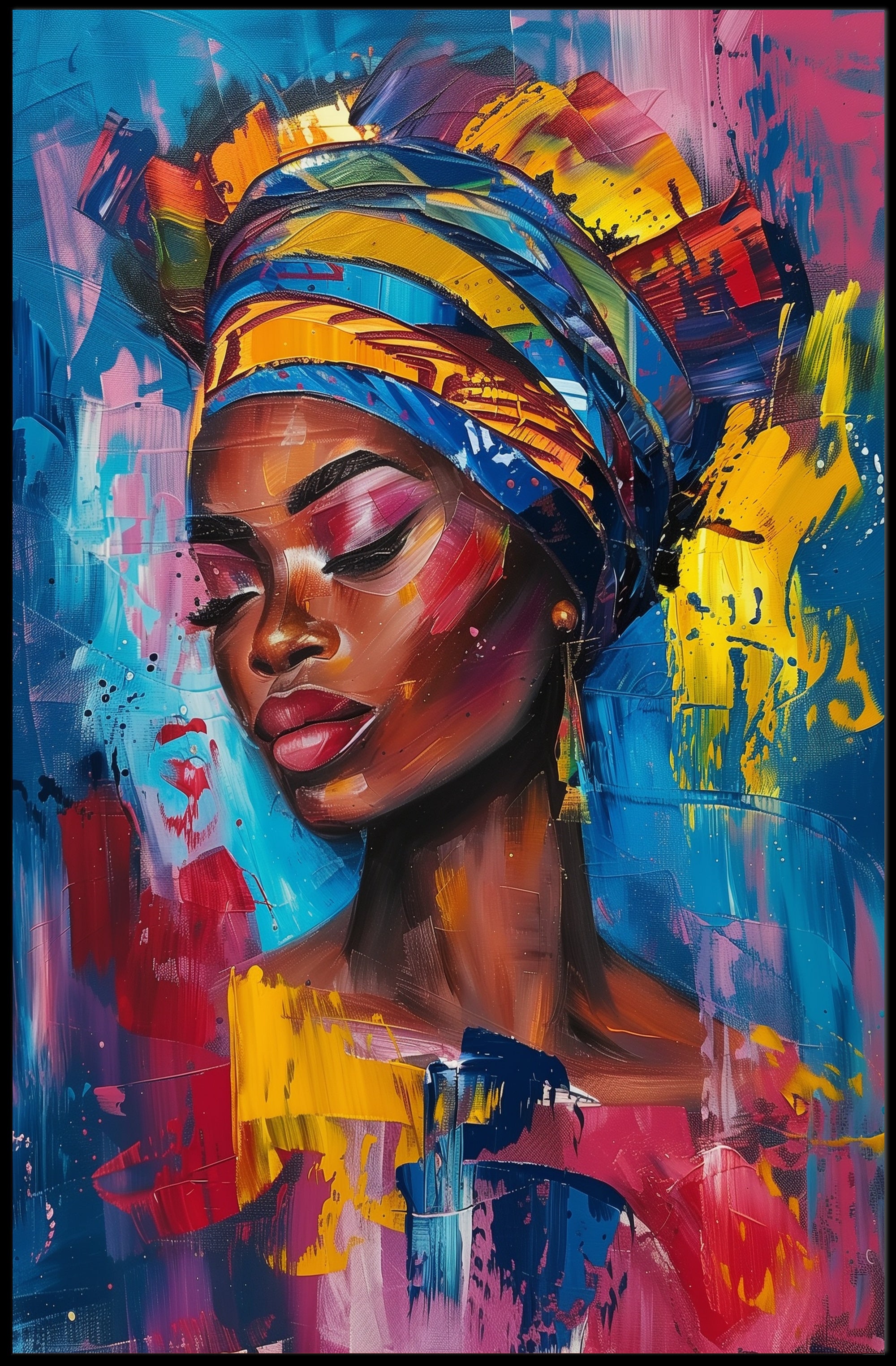 Vibrant Portrait Art: Empowered Woman with Headwrap Poster PosterGoat