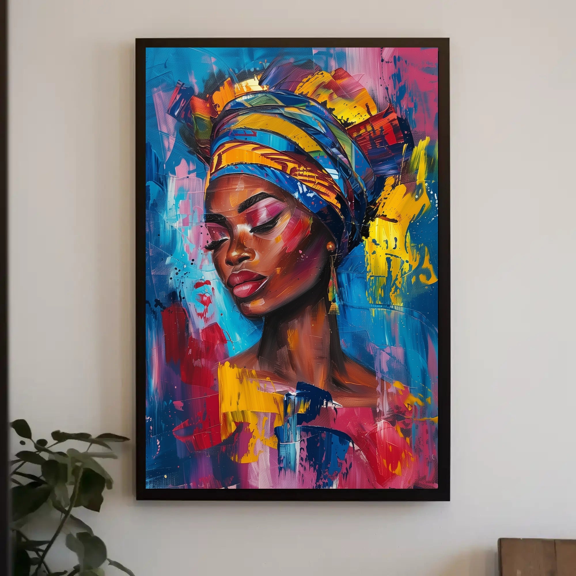 Vibrant Portrait Art: Empowered Woman with Headwrap Poster PosterGoat