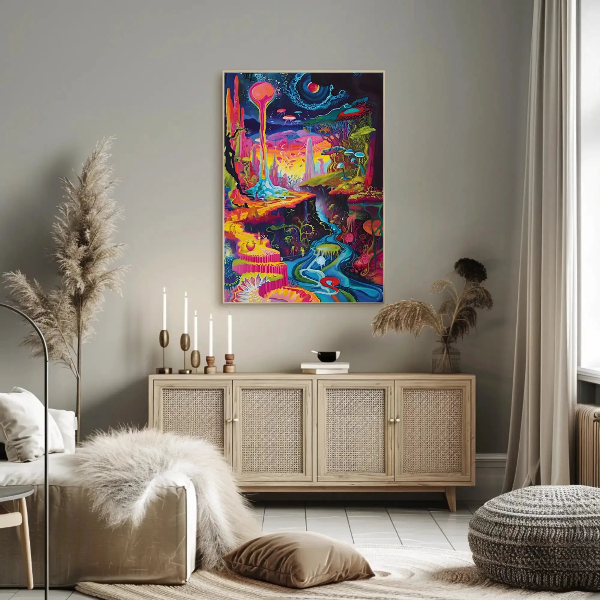 Vibrant Psychedelic Wonderland Extraterrestrial Scene Artistic Poster PosterGoat