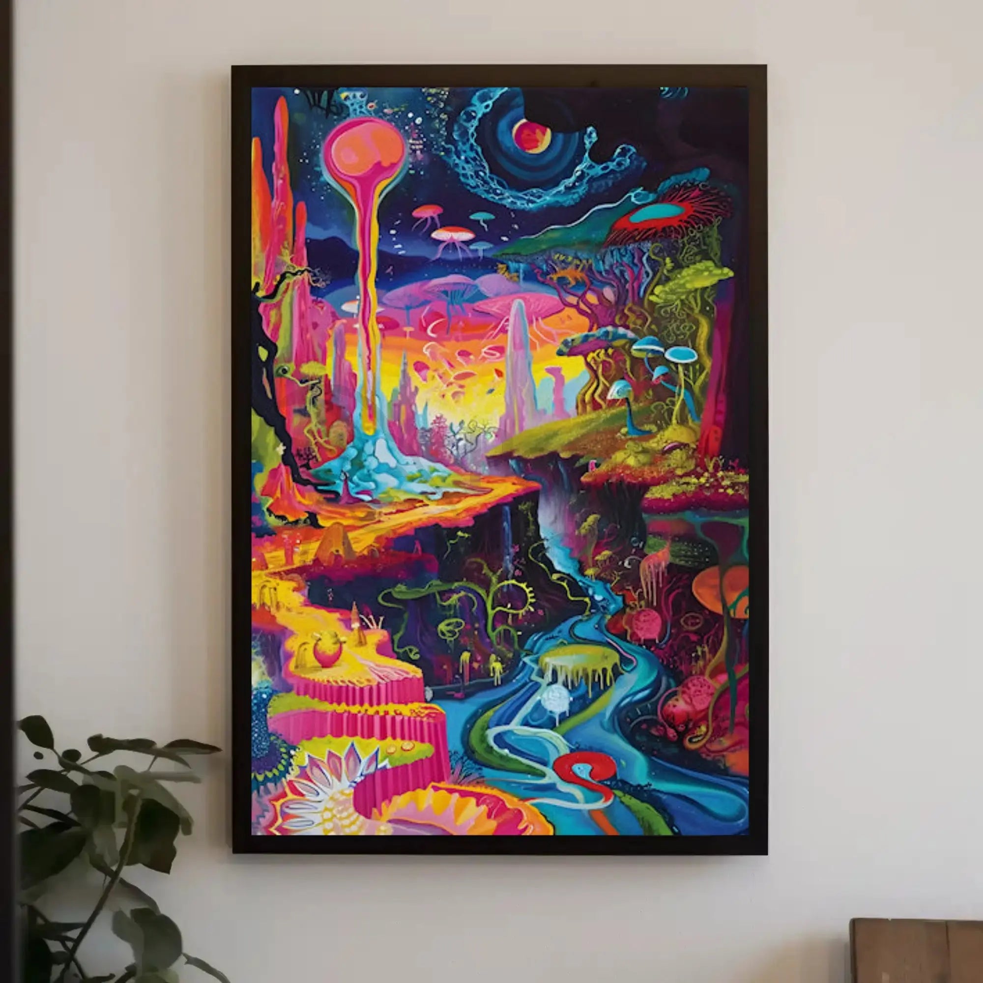 Vibrant Psychedelic Wonderland Extraterrestrial Scene Artistic Poster PosterGoat