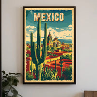 Vibrant Retro Mexico Townscape with Cactus Travel Poster PosterGoat